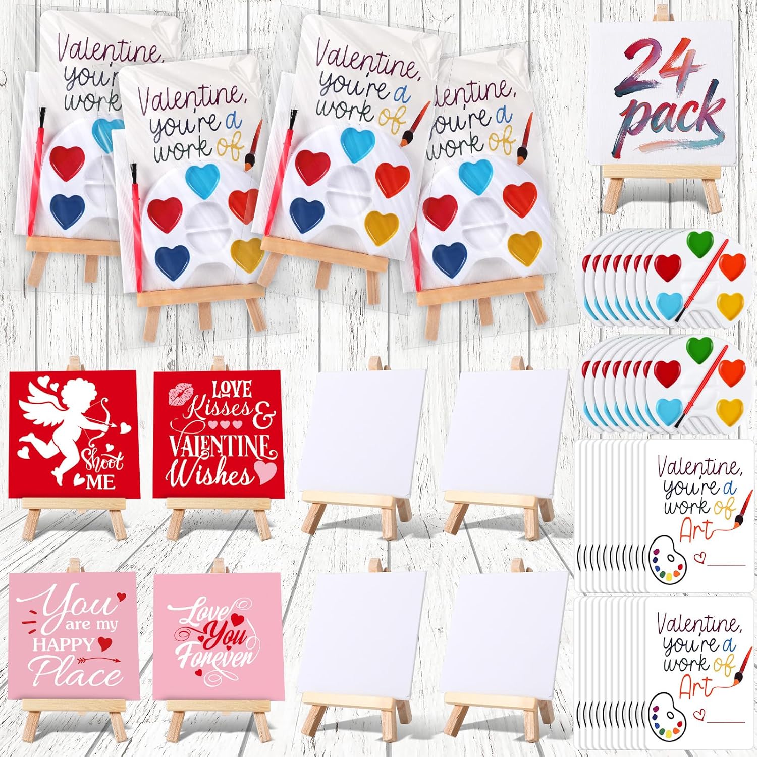 72 Pcs Valentine's Day Gifts for Kids Includes 24 Heart Shape Watercolor Paint Valentine's Day Cards and Canvas Panel with Wooden Easel Valentines Exchanges Party Favor(Retro Style)