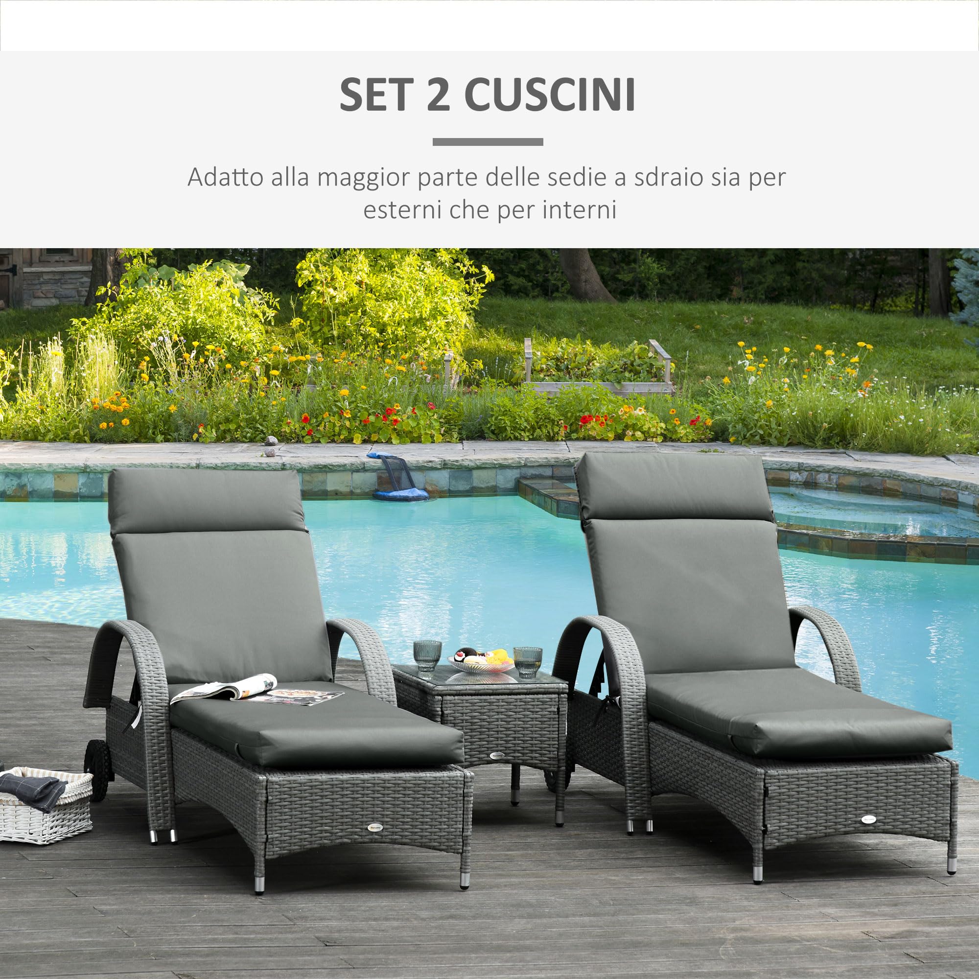 Outsunny Set 2 Cuscini per Sedie da Esterno con Cinghie, Cuscini da Esterno Imbottito in Cotone e Poliestere, per Sdraio Prendisole Poltrona Giardino, 196x55x8 cm, Grigio Scuro