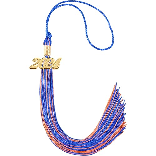 GRADFTY 2024 Graduation Mixed Double Color Tassel with 2024 Gold Charm for Graduation Cap and Gown (Royal Blue and Orange)