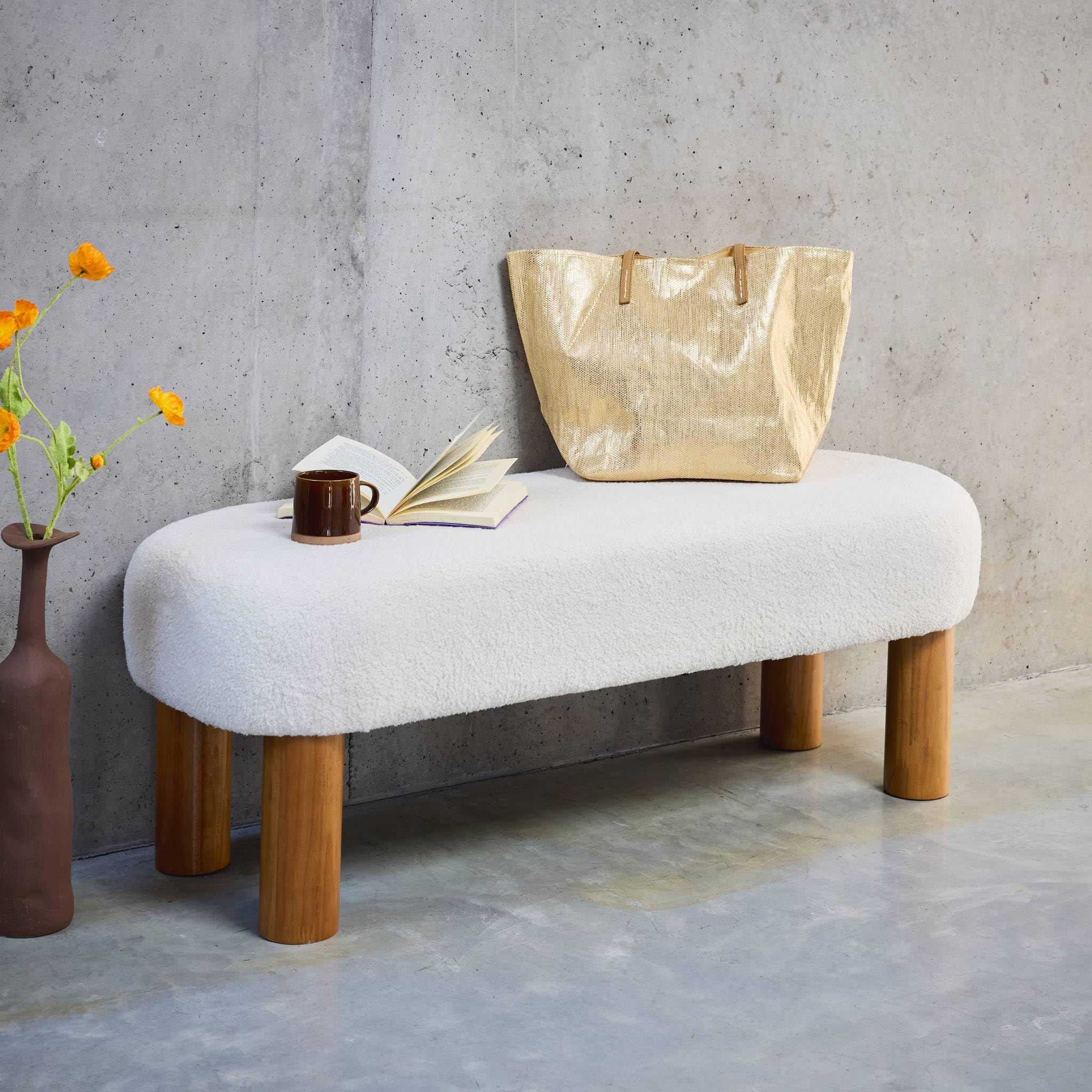 sweeek Panca in Legno di Gomma e Tessuto Bouclé, Fujo, Bianco, 121x45x45 cm
