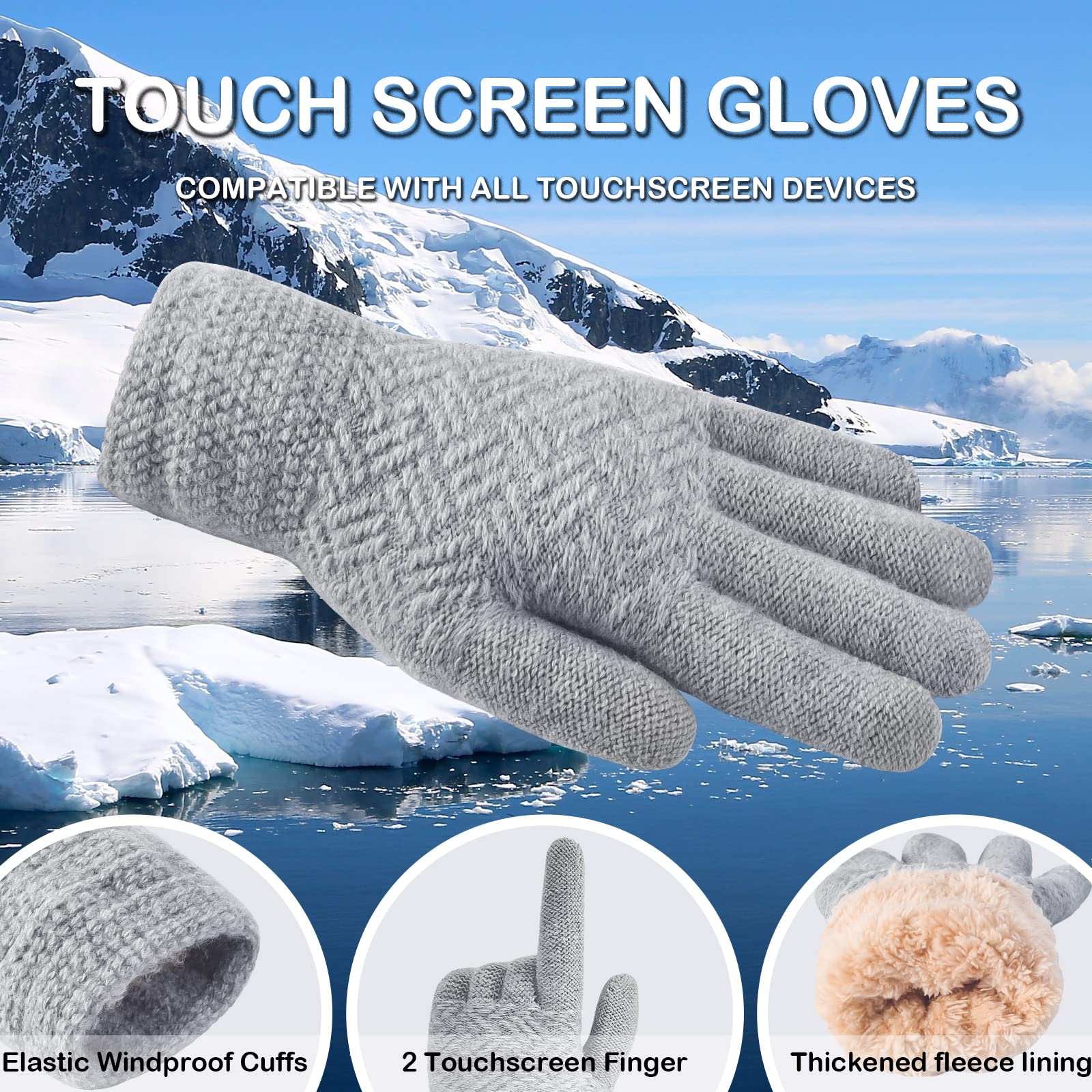 Juego de 3 gorros de punto de invierno para mujer, bufanda, guantes para pantalla táctil, cálido, suave, grueso, forro polar con doble pompón, gris, talla única