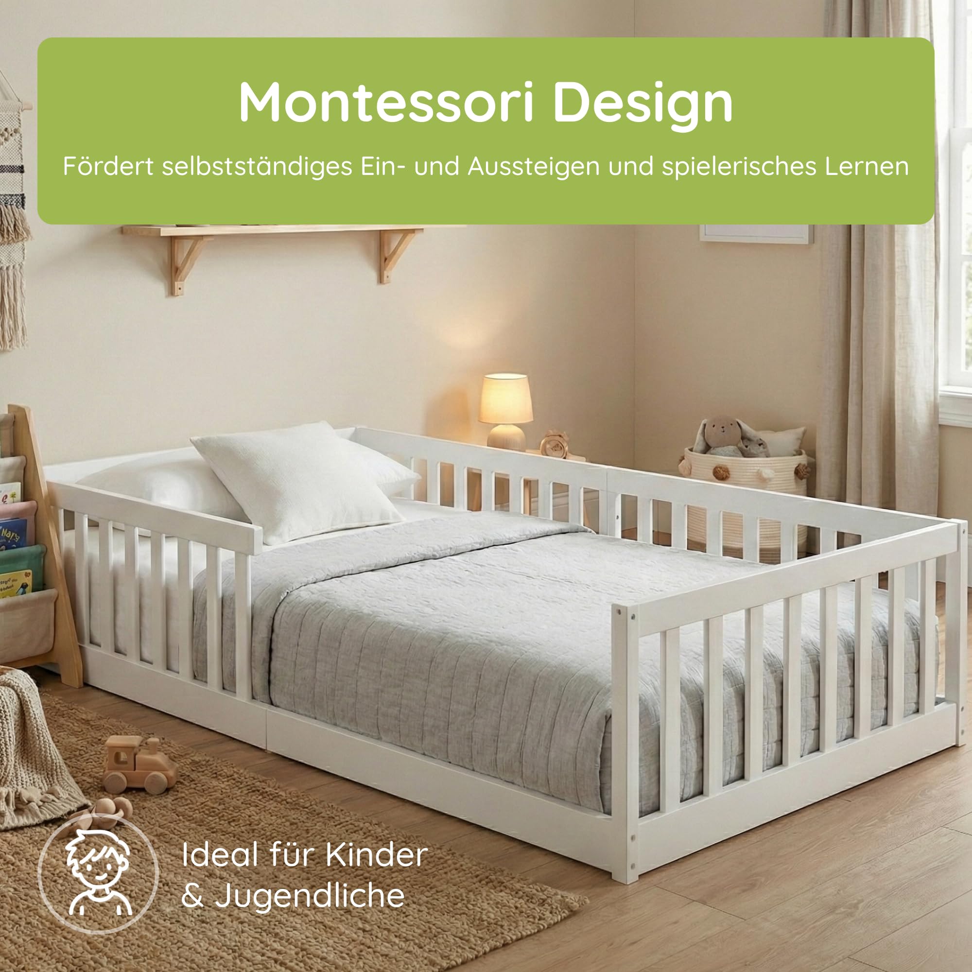 Kids Collective Kinderbett Bodenbett 90x200 cm mit Rausfallschutz & Lattenrost Montessori Bett Bed Gitterbett Kinder Jugendbett Einzelbett | Weiß | weitere Größen 120x200 140x200 cm