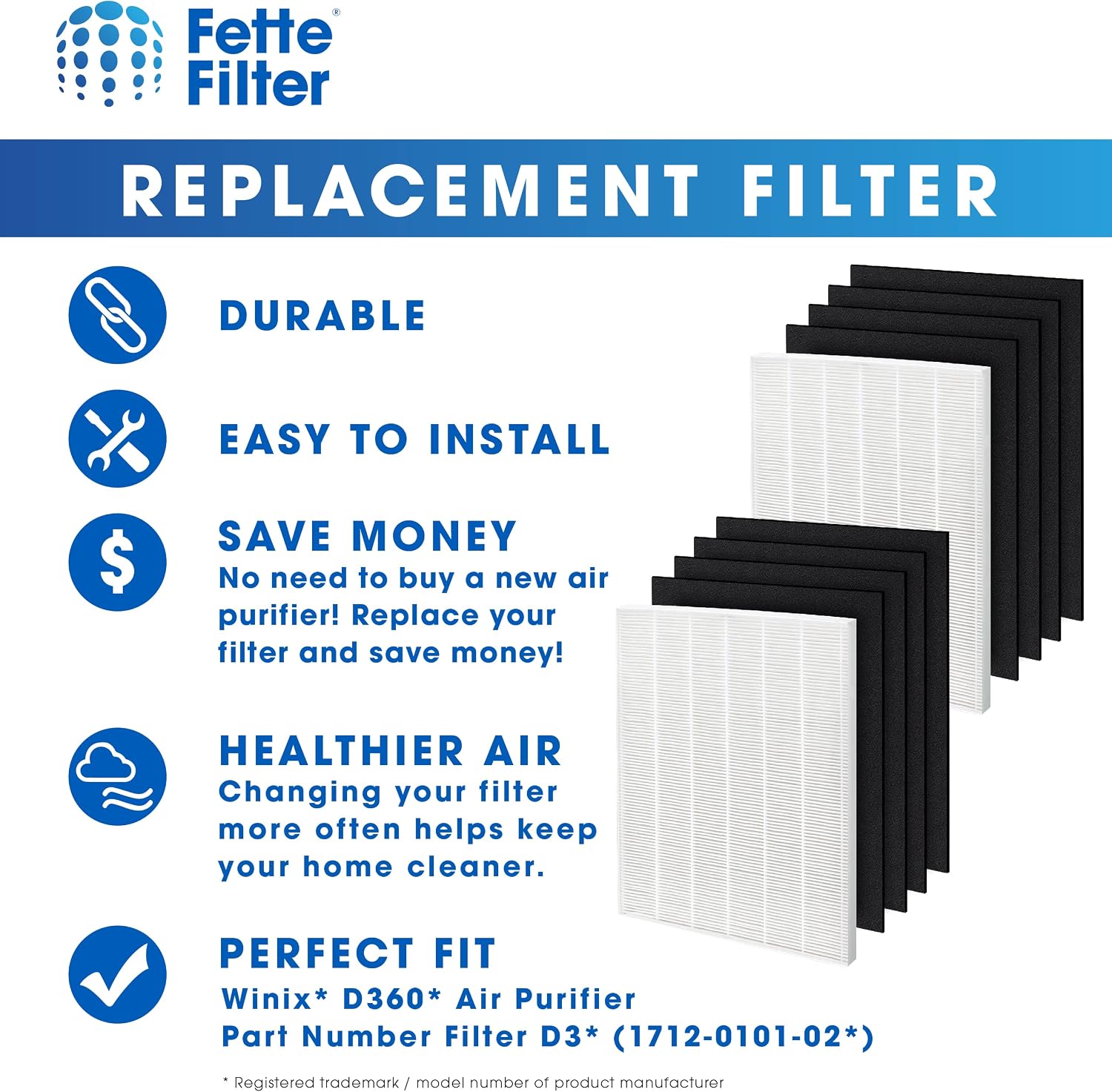 Fette Filter - 2+8 Set D360 Premium Replacement Filter D3 Compatible with Winix D360 Air Purifier Part Number 1712-0101-02, 1712010102 Qty 2 and 8 Activated Carbon Filter