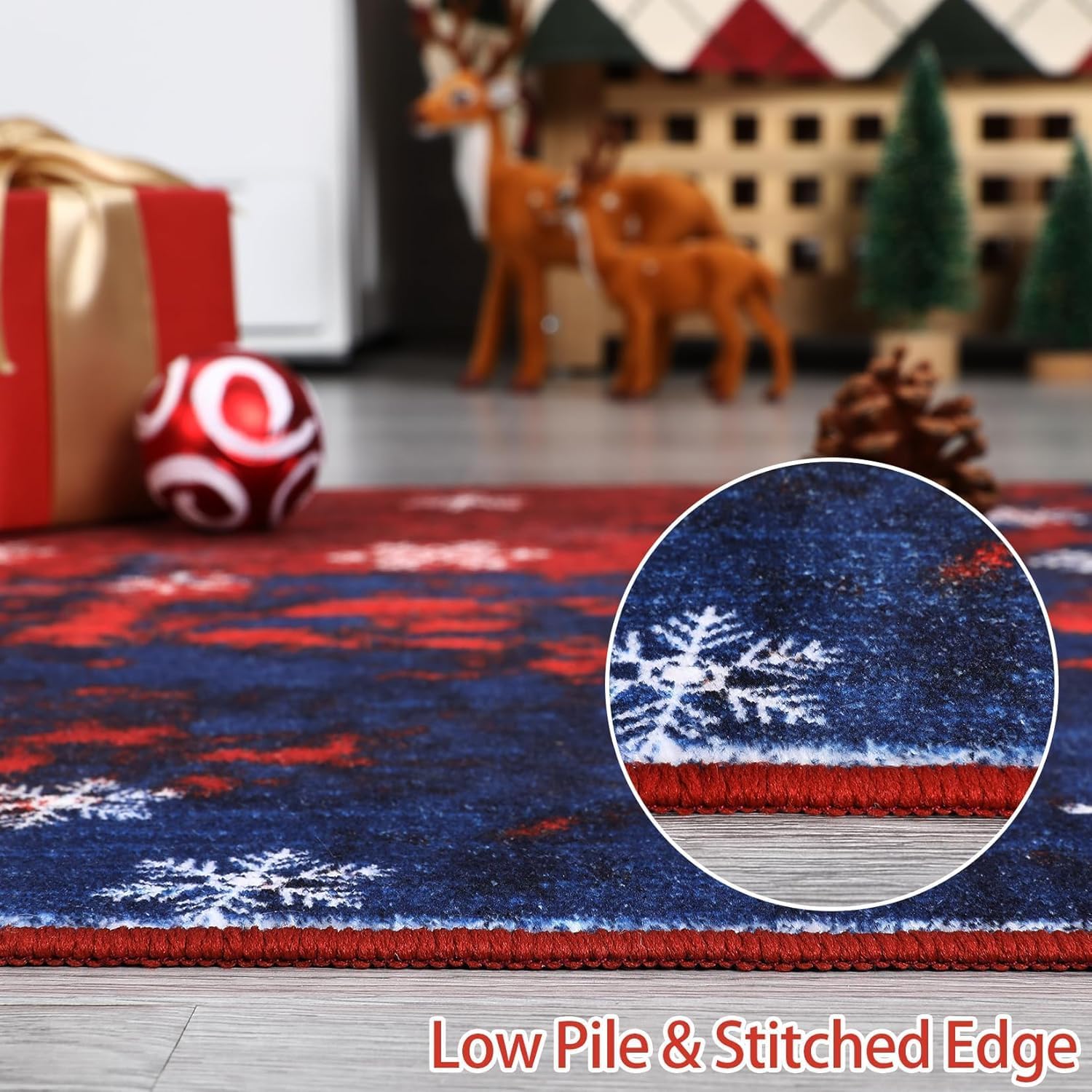 GarveeHome 3x5 Red Blue Xmas Snowflake Washable Area Rug for Living Room Low Pile Soft Office Rug Non Slip Bedroom Rug Non-Shedding Christmas Snow Small Carpet for Bedside Entryway Porch Kitchen