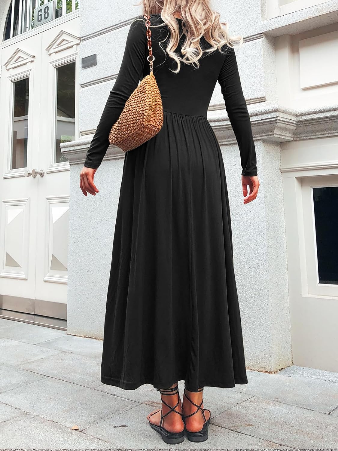 Long Sleeves Maxi Dress for Women A Line 2025 V Neck Casual Button Boho Tshirt Long Dress with Pockets - Image 5