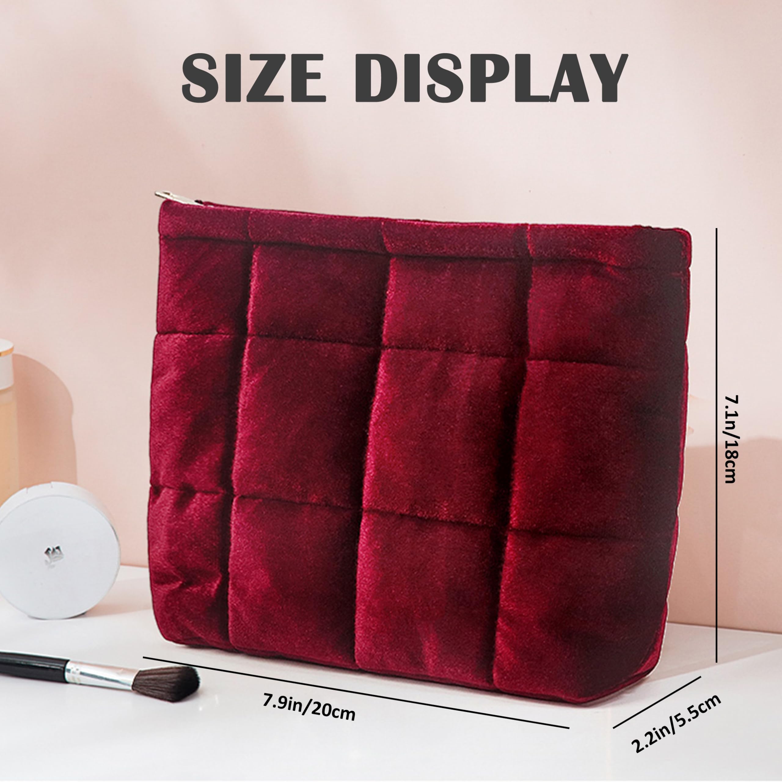 HFLZBRO Puffy Quilted Makeup Bag, Cosmetic Bag, Travel Toiletry Organizer Pouch, Clutch for Women (Wine Red -Velvet) - Image 4