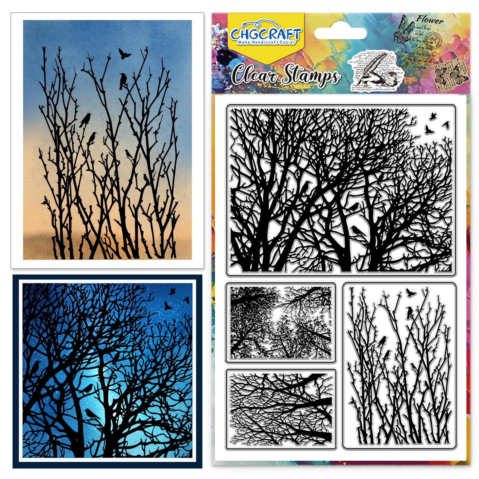 CHGCRAFT Large Twigs Branches Birds Clear Silicone Embossing Stamps, for DIY Scrapbooking Card Making Photo Album Journal Paper Craft Decor 6.3x4.3 Inch