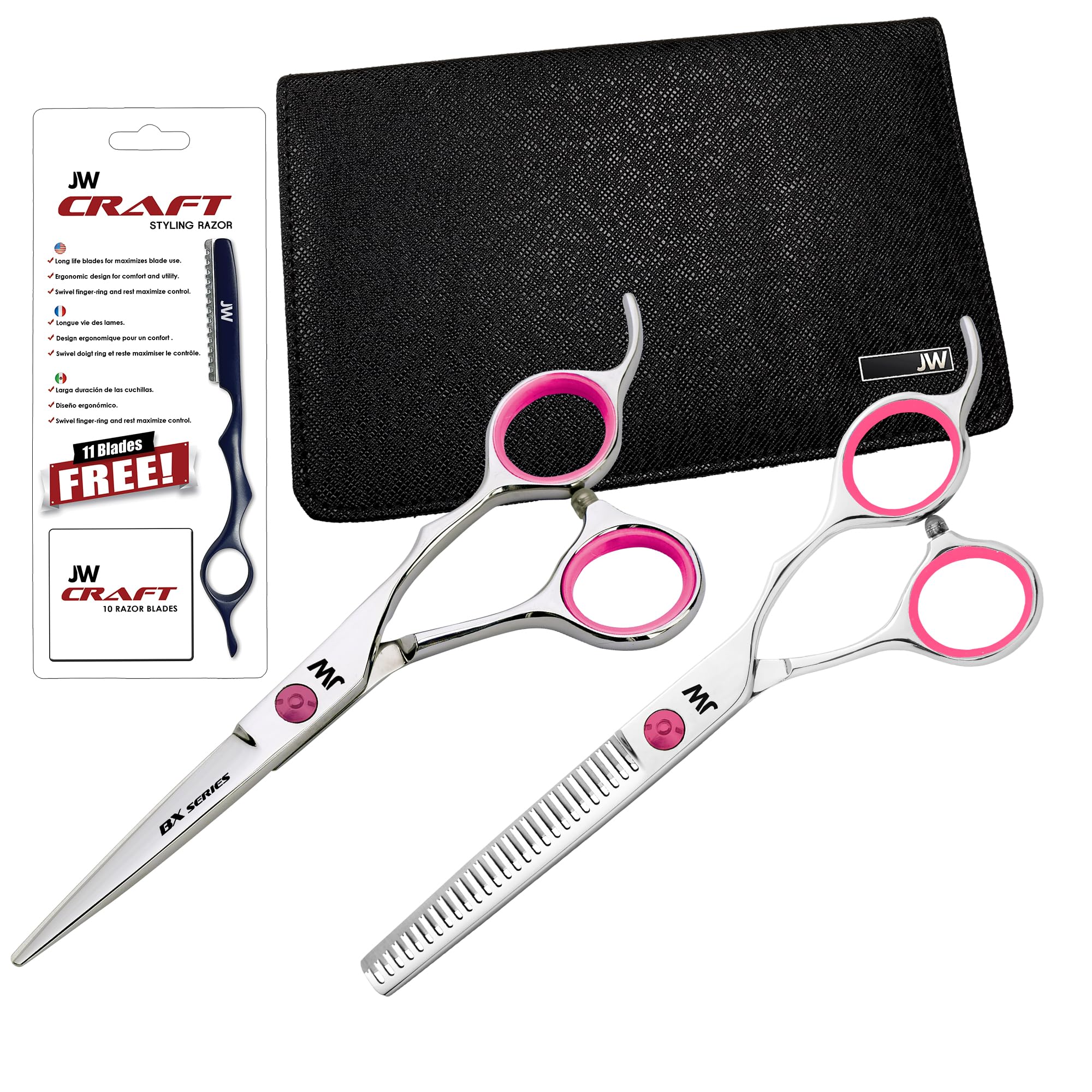 JW Shears Professional Hairdressing Shear, Thinner, Razor and Case Set (5.75" Silver/Pink)