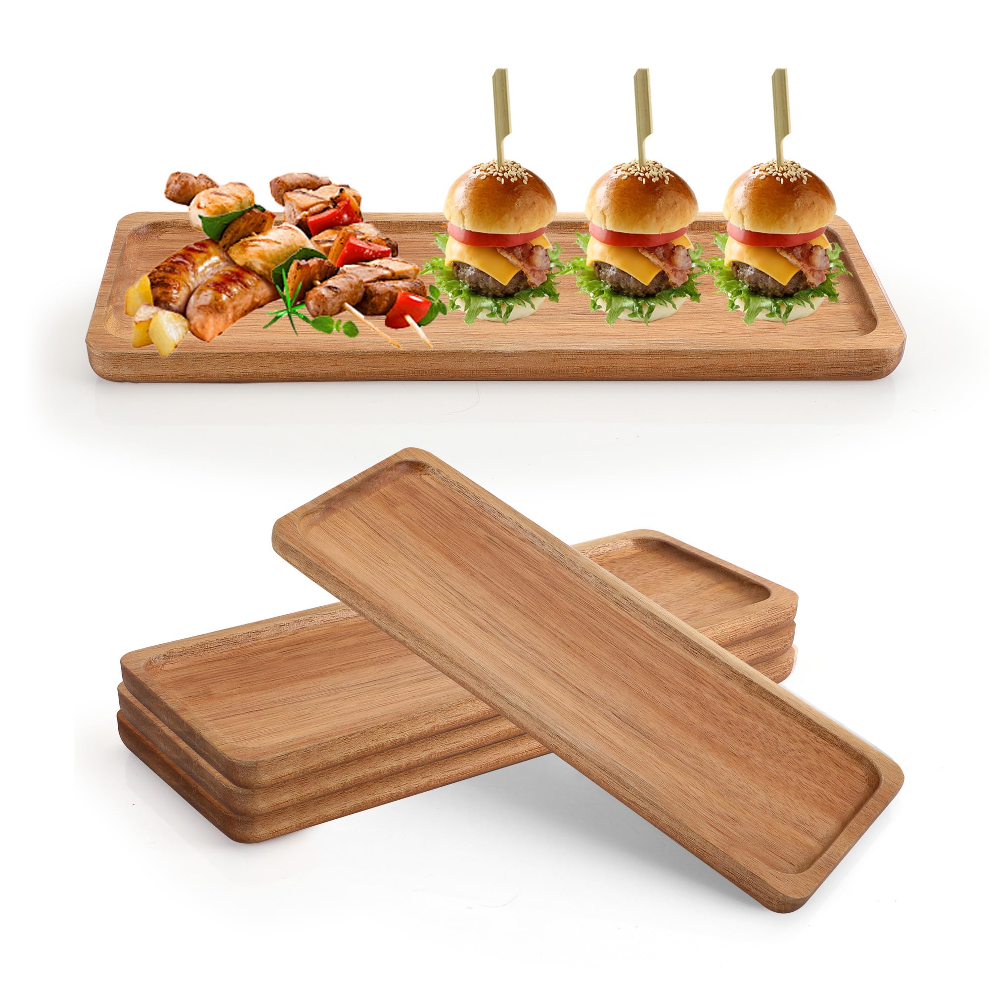 Aramanara 4 pcs Wood Serving Platter, 29.5 x 13 cm Wood Serving Tray, Rectangular Wooden Platters for Party Food, Fruit, Charcuterie, Appetizer, Sushi