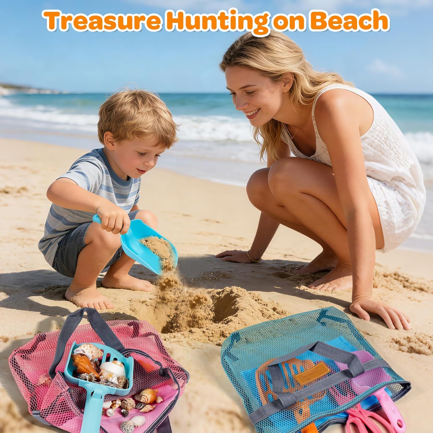 Beach Sand Toy Kids Age 4-8 Sandbox Kits with Mesh Shell Bags, Shovels, Claw Tongs for Shark Teeth Beach Essential Travel Summer Baby Toys for Toddlers Boys & Girls 3 4 5 6（2 Packs）