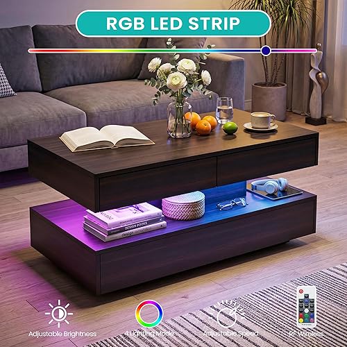 Miniatura 4 de Mesa de centro para sala de estar, mesa de centro moderna con 2 cajones de almacenamiento, mesa central de 2 niveles de madera con luces LED de 20