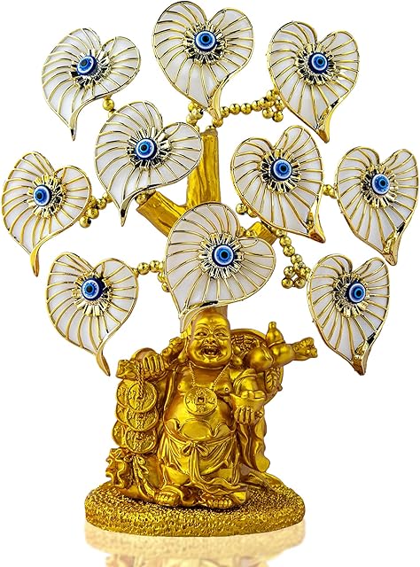 Blue Evil Eye Money Tree with Painted Golden Buddha Statue White Artificial Flowers Home Office Protection Decoration Feng shui Ornament