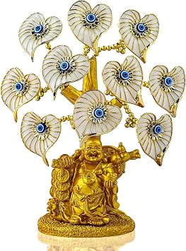 Blue Evil Eye Money Tree with Painted Golden Buddha Statue White Artificial Flowers Home Office Protection Decoration Feng Shui Ornament