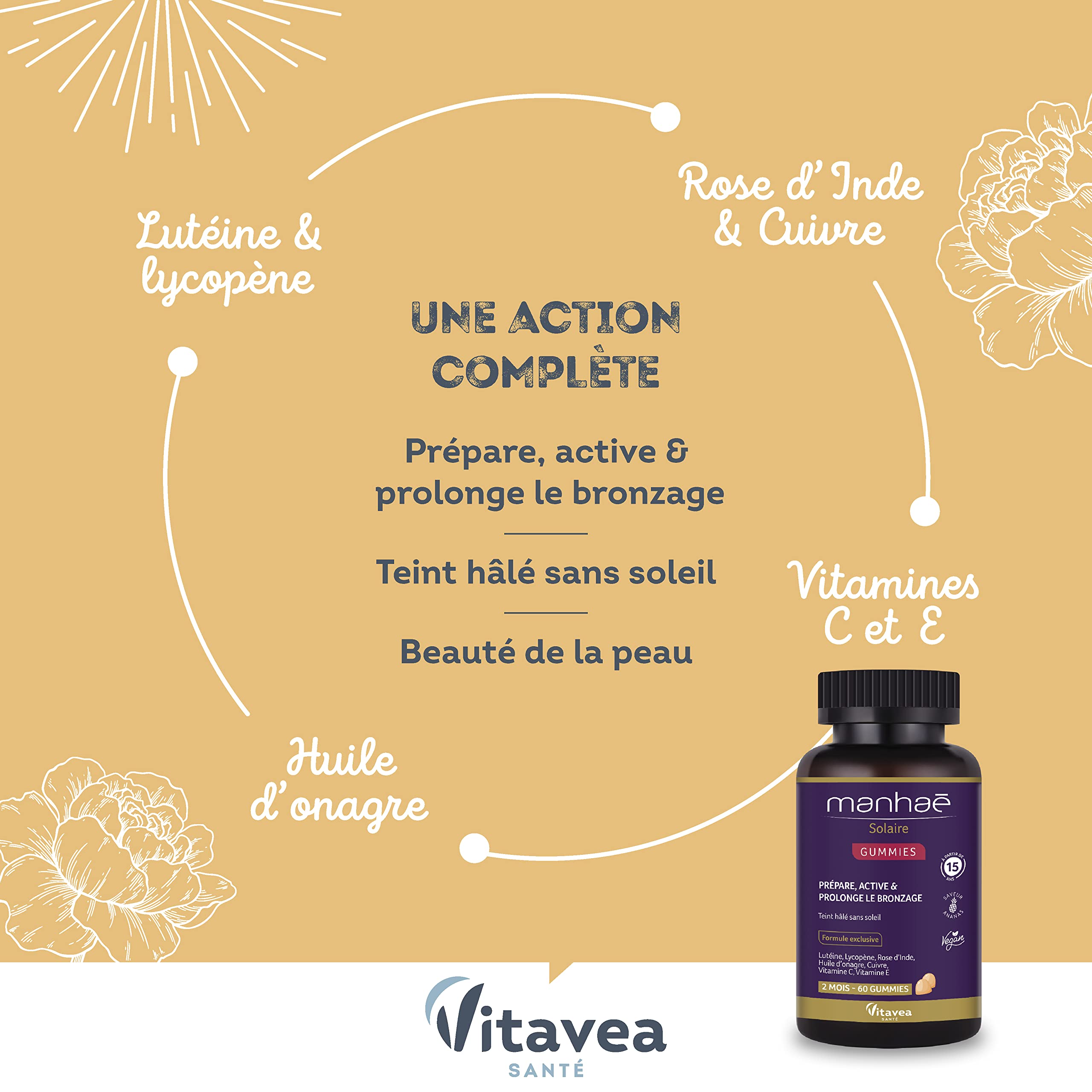 Vitavea - Manhaé - Gummies Solaire - Autobronzant - Complément alimentaire bronzage - Prépare, active et prolonge le bronzage - Teint hâlé sans soleil - Onagre, Lutéine, Lycopène - 60 gummies - 2 mois