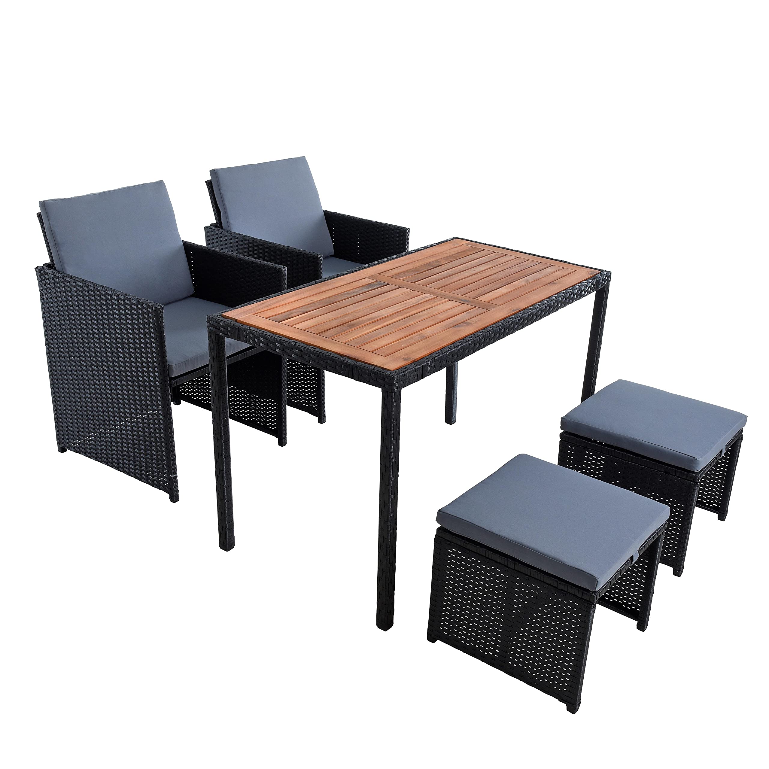 ESTEXO Polyrattan Sitzgruppe Gartenmöbel Set Essgruppe Gartenset Rattanmöbel Rattan Set Hocker Gartenstühle Gartentisch (4 Personen/Schwarz)