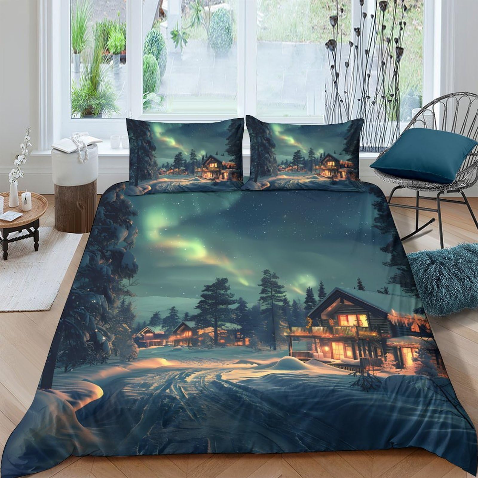 Ctjqhvkz Style-5 3D Printed Nordic Winter Cabin Fitted Sheet Microfiber Soft Aurora Night Bed Cover For Bedroom Guest Room Decor Single（135X200cm）