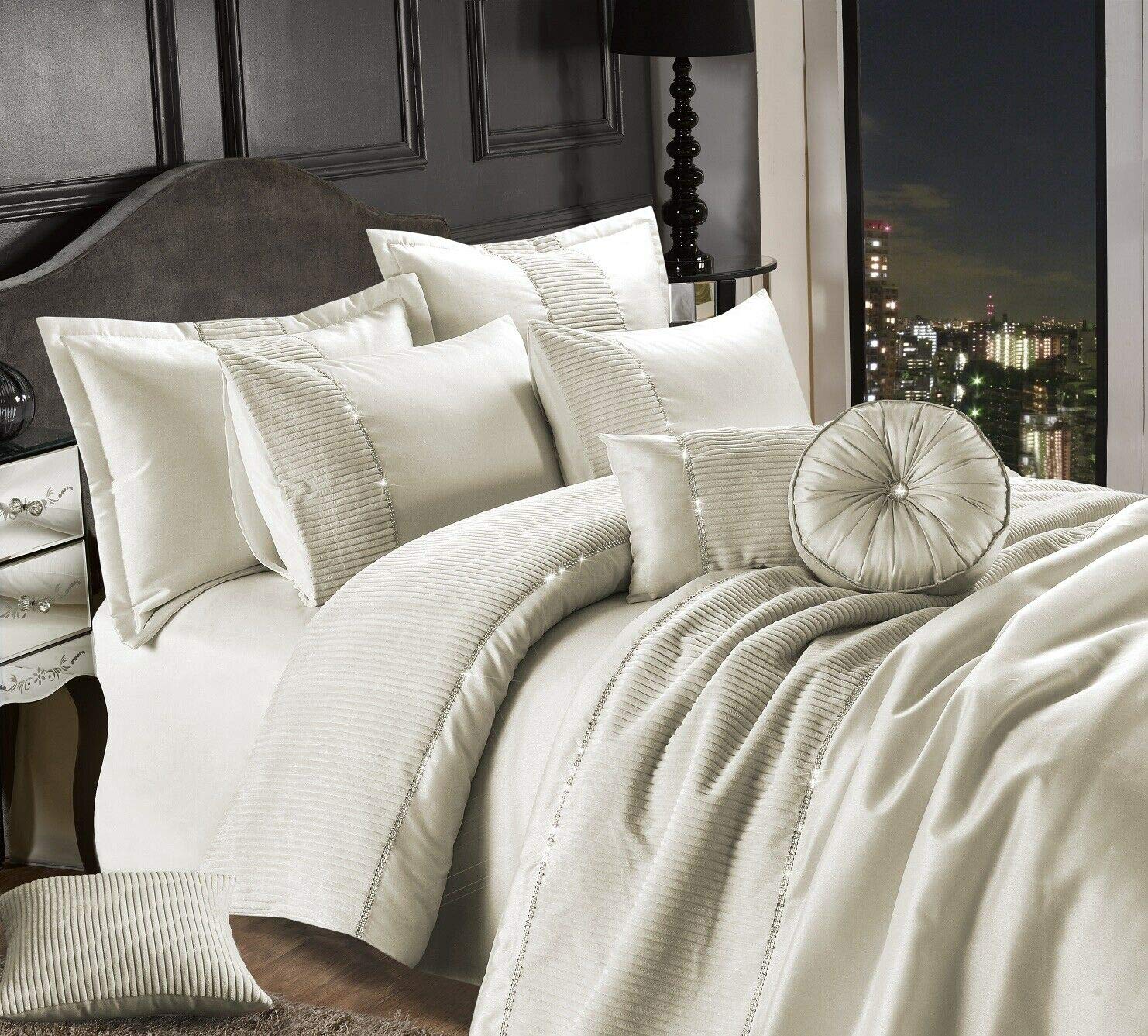EHD Leona Ribbed Style Diamante Luxurious Matching Round Filled Cushion (Cream, Round Filled Cushion 30cm)