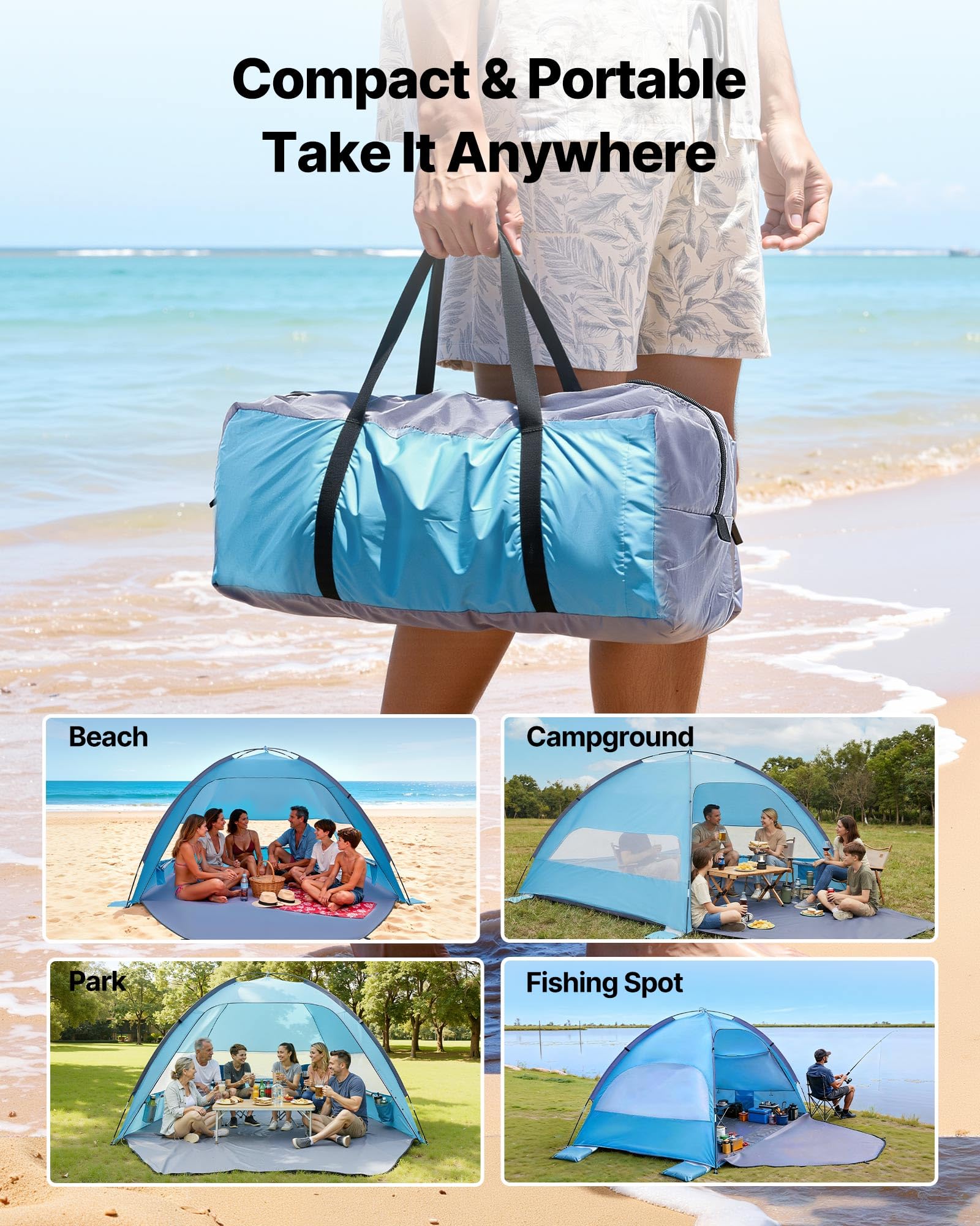VEVOR Tenda da Spiaggia Pop Up per Mare per 6 Persone, Tenda da Sole Portatile con Borsa per il Trasporto e Ancoraggi a Terra, Ombrellone da Spiaggia Leggero per Campeggio, Pesca, Picnic