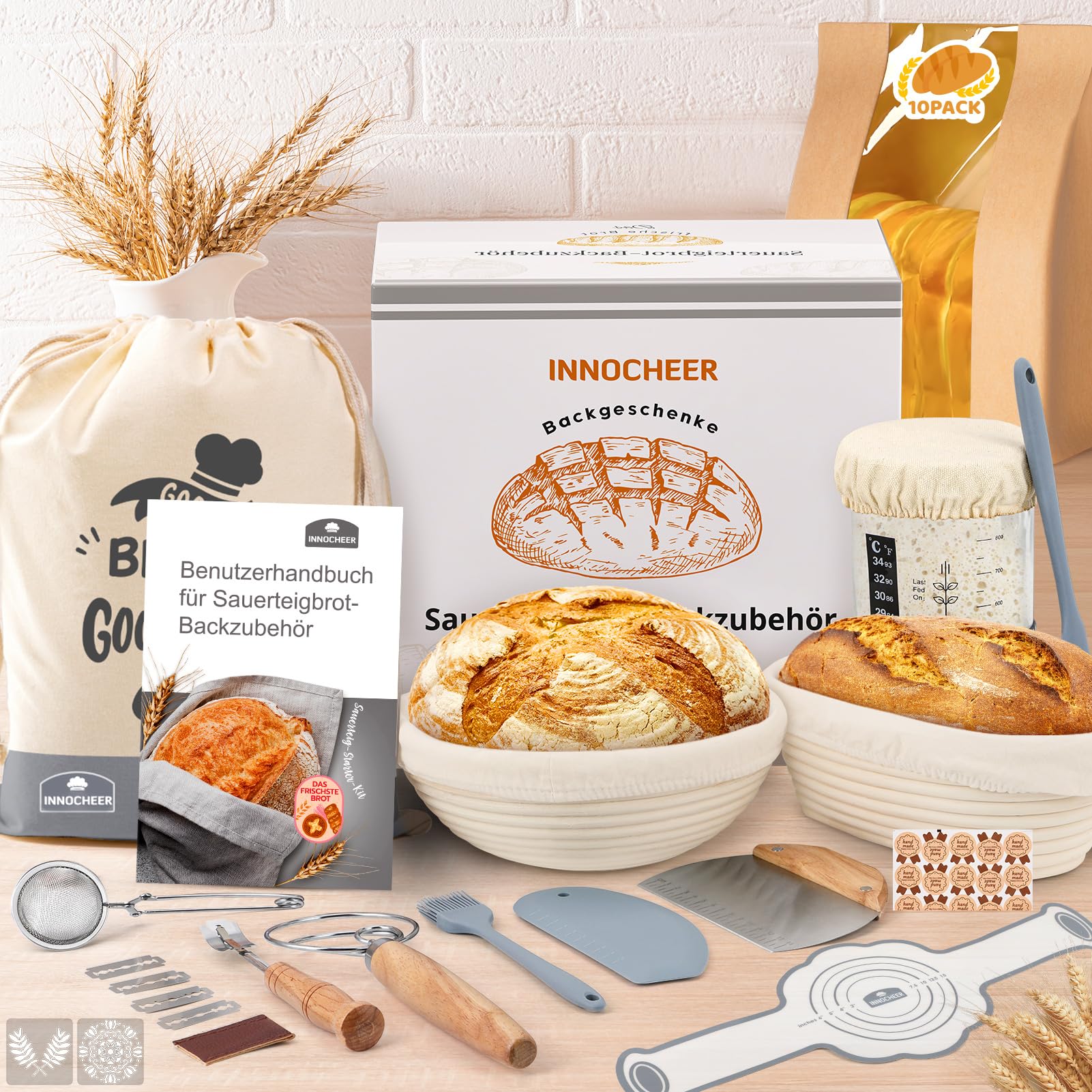 Gärkörbchen Für Sauerteig Starter Set, 25cm & 23cm Gärkorb Brot Backen, Sauerteig Starter Set Mit Sauerteig Starterglas, Brot Backen Startver Großes Geschenk Für Anfänger, Erfahrener Bäcker