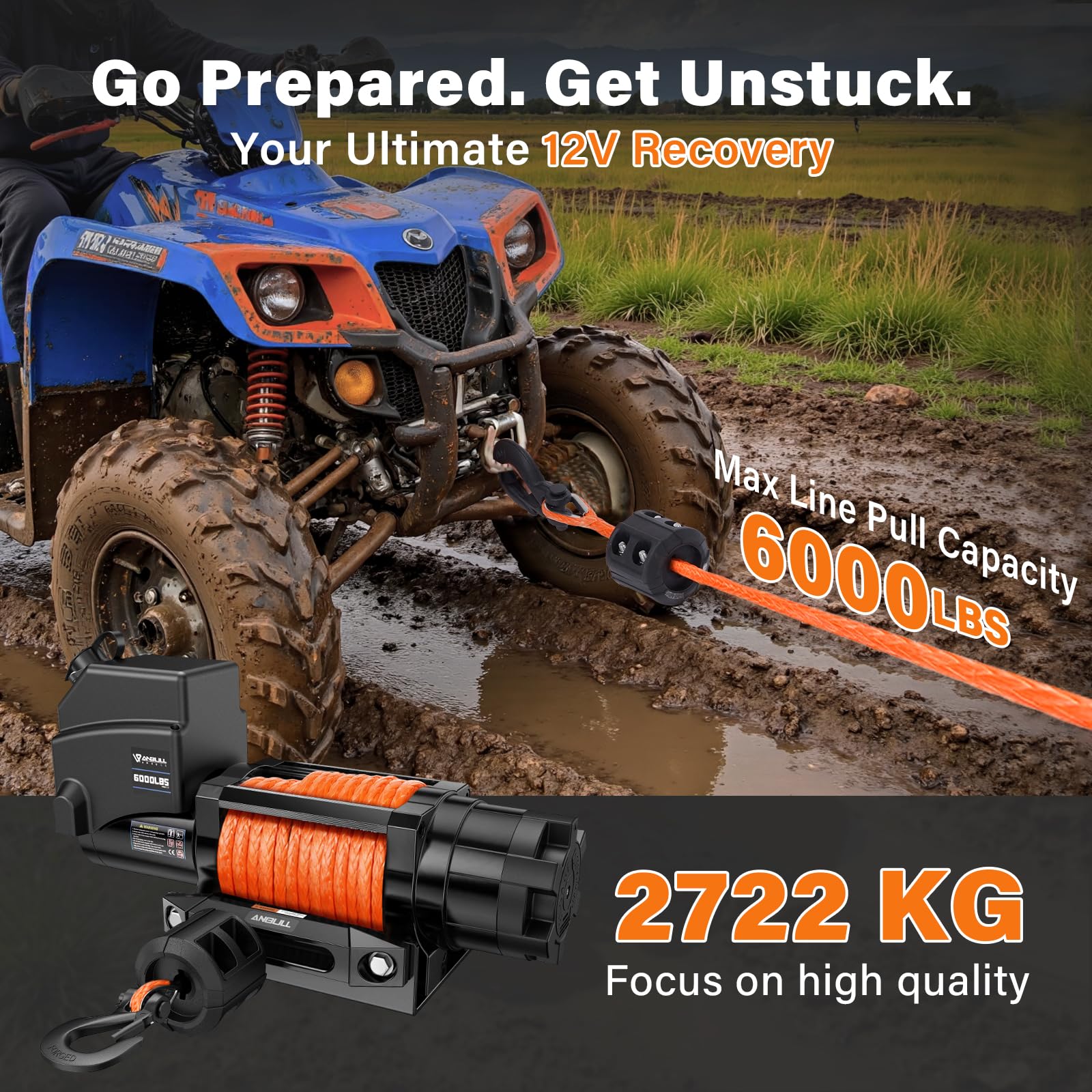 Anbull Wciągarka elektryczna 12V 6 000 LBS / 2722 Kg, Nie wymaga okablowania, IP68, lina syntetyczna 6,3 mm x 16,8 m, lina nylonowa, kompatybilna z Quad, ATV, UTV, elektryczny wciągarka 12 V