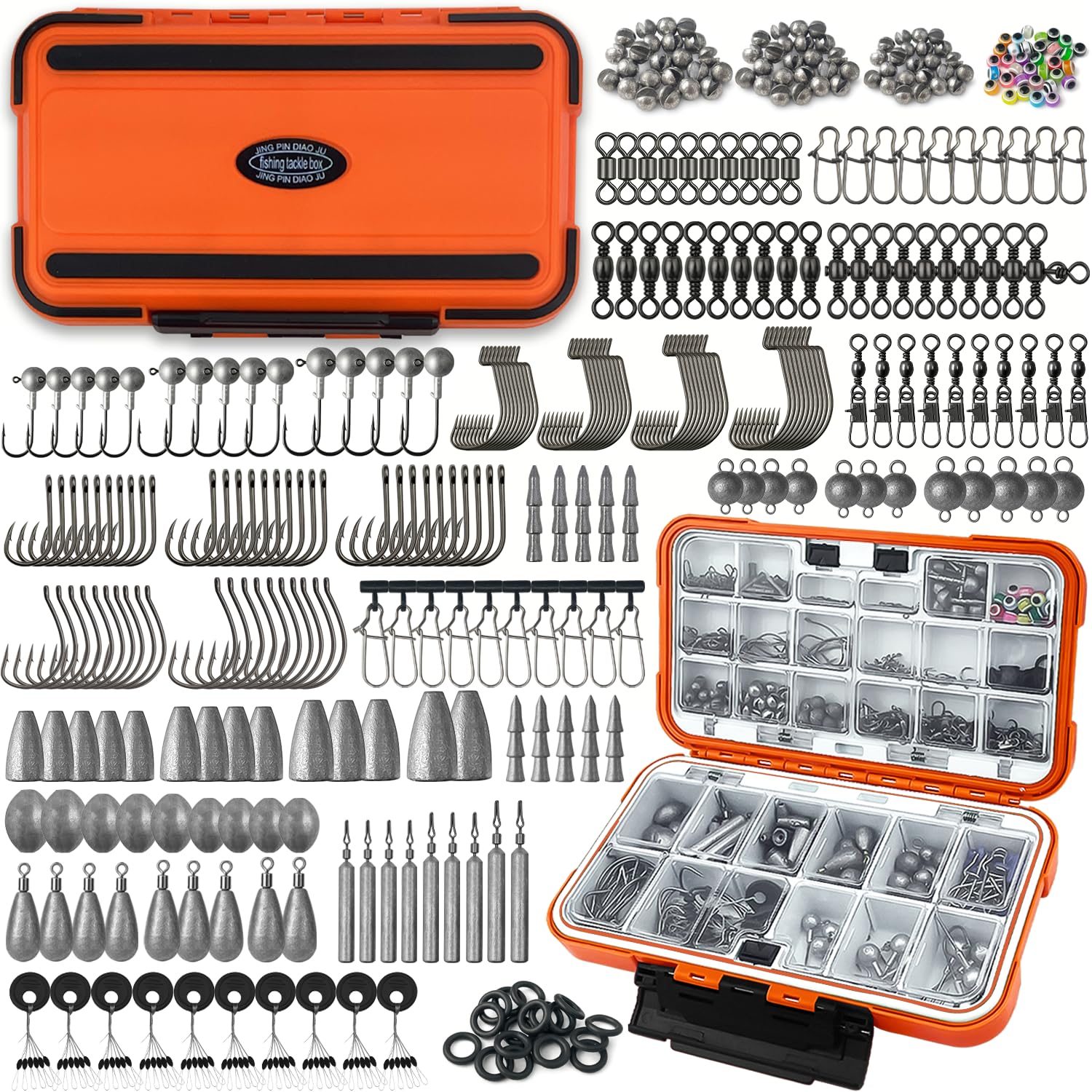 Fishing Tackle Kit with Box - 423pcs Complete Terminal Tackle Assortment, Hooks, Sinkers & Swivels, Beads & Bobber Stops for Freshwater Bass & Trout (Orange-423PCS)