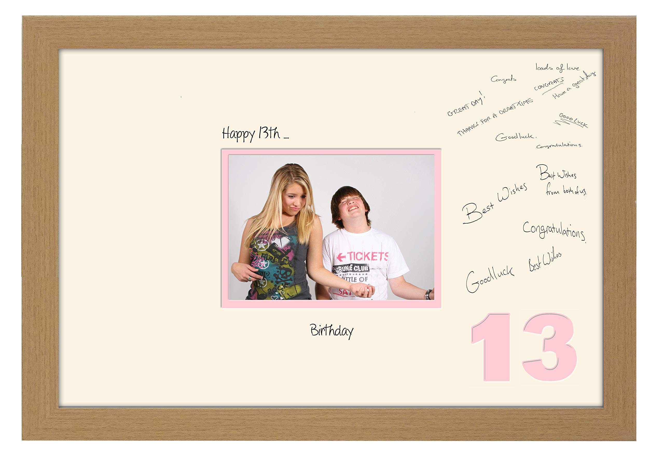 Photos In A Word Oak Finish Frame Cream Mount Pink Inside 13Th Birthday Signing Guest Book Photo Frame Gift 7X5 Photo 648D (Oak Finish Frame Cream Mount Pink Inside)