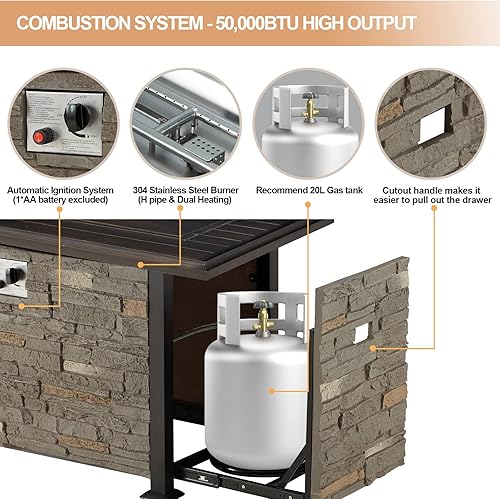 Miniatura 2 de Vicluke Mesa para fogata de propano de aluminio de 44 pulgadas con piedra de repisa sintética, cubierta de mesa pintada a mano, mesa de fuego de