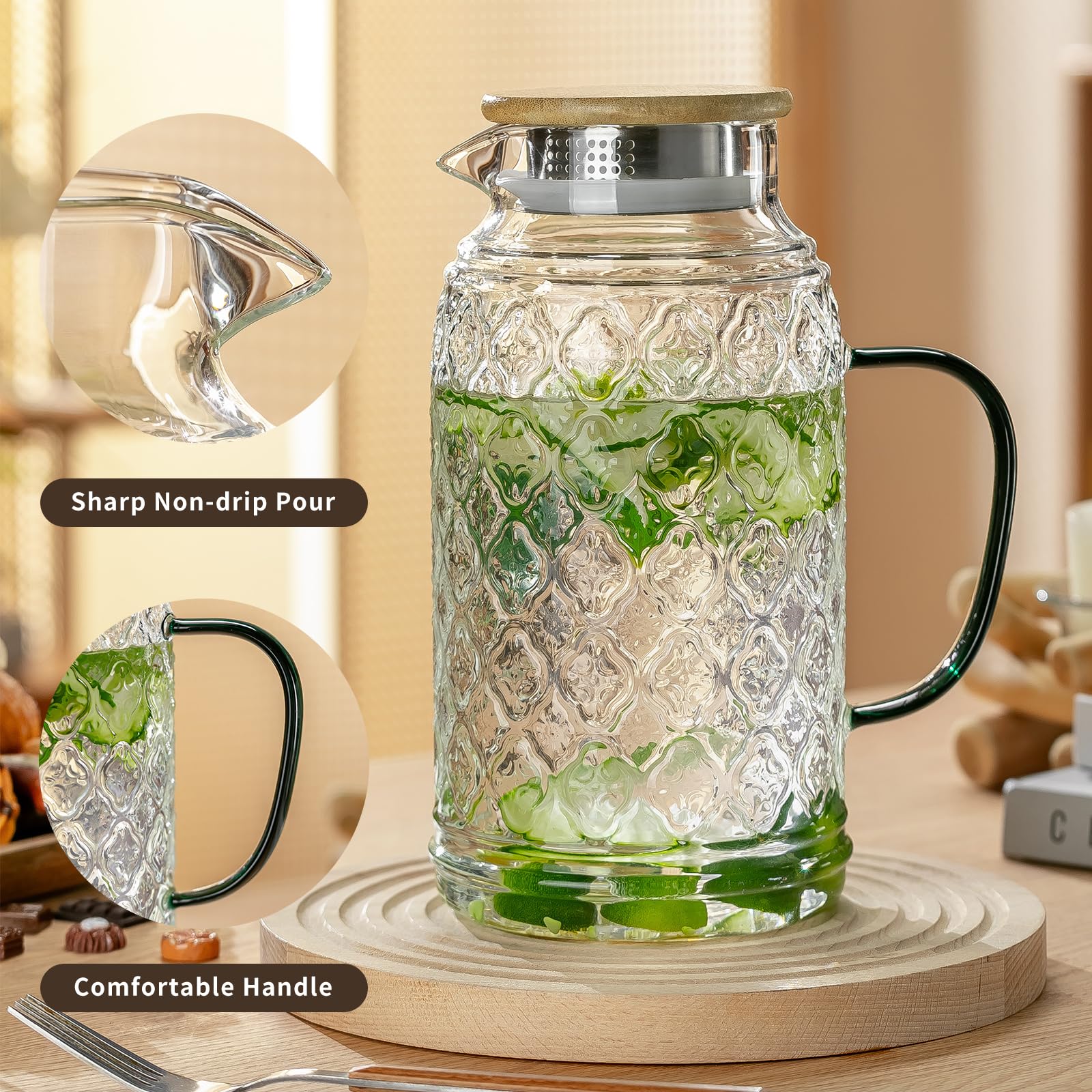 Buaic Glaskrug mit Bambusdeckel, 2 l, Vintage-Wasserkrug, klares Borosilikatglas, Wasserkaraffe für kaltgebrühte Getränke, Kaffee, Limonade, Eistee, Getränke, hitzebeständiger Wasserglas-Krug