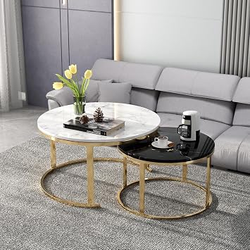 Coffee Table Set of 2 80 cm Round and Marble Pattern Wooden Tables with Metal Frame Base 80 x 80 x 45 cm + 60 x 60 x 38 cm Stacking of Nesting Tables for Living Room Bedroom Office (White +