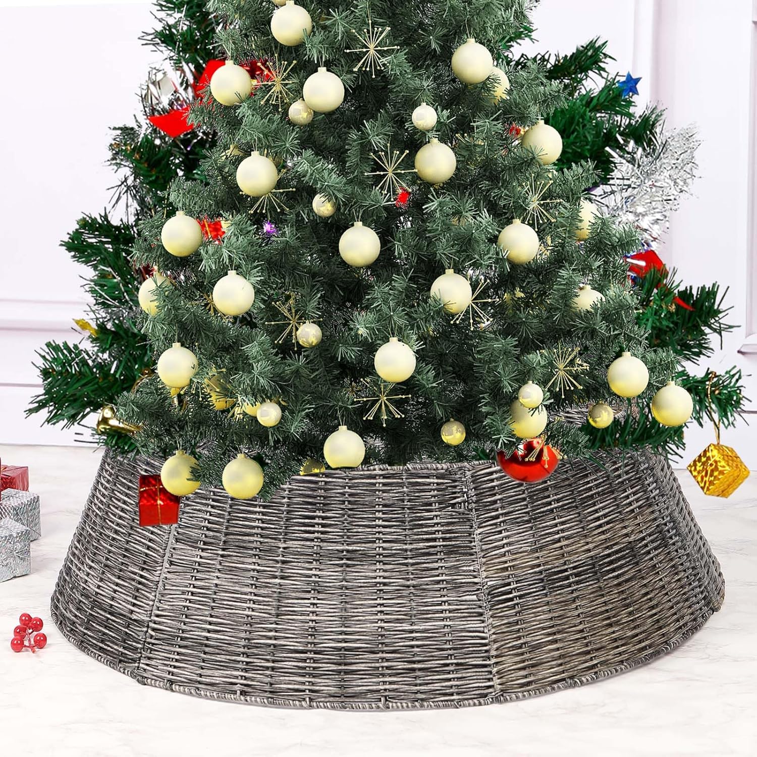 Vencer 28.3''Christmas Tree Collar,Plastic Rattan Xmas Tree Skirt,Rustic Decorations,Tree Skirt Base for Christmas Tree Decorations,Grey,CTS-G002