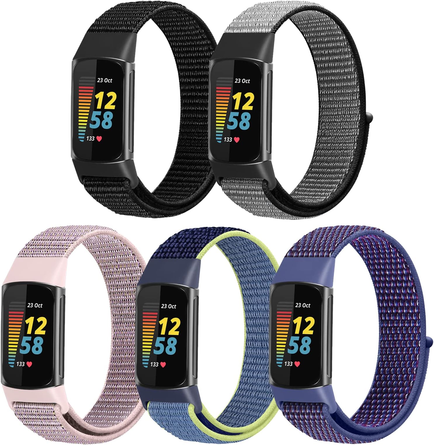 Nylon Loop Watch Bands Compatible with Fitbit Charge 6/Charge 5 Bands, 5 Pack Adjustable Soft Breathable Sport Loop Wristband Replacement Straps for Charge 5/Charge 6 Women Men