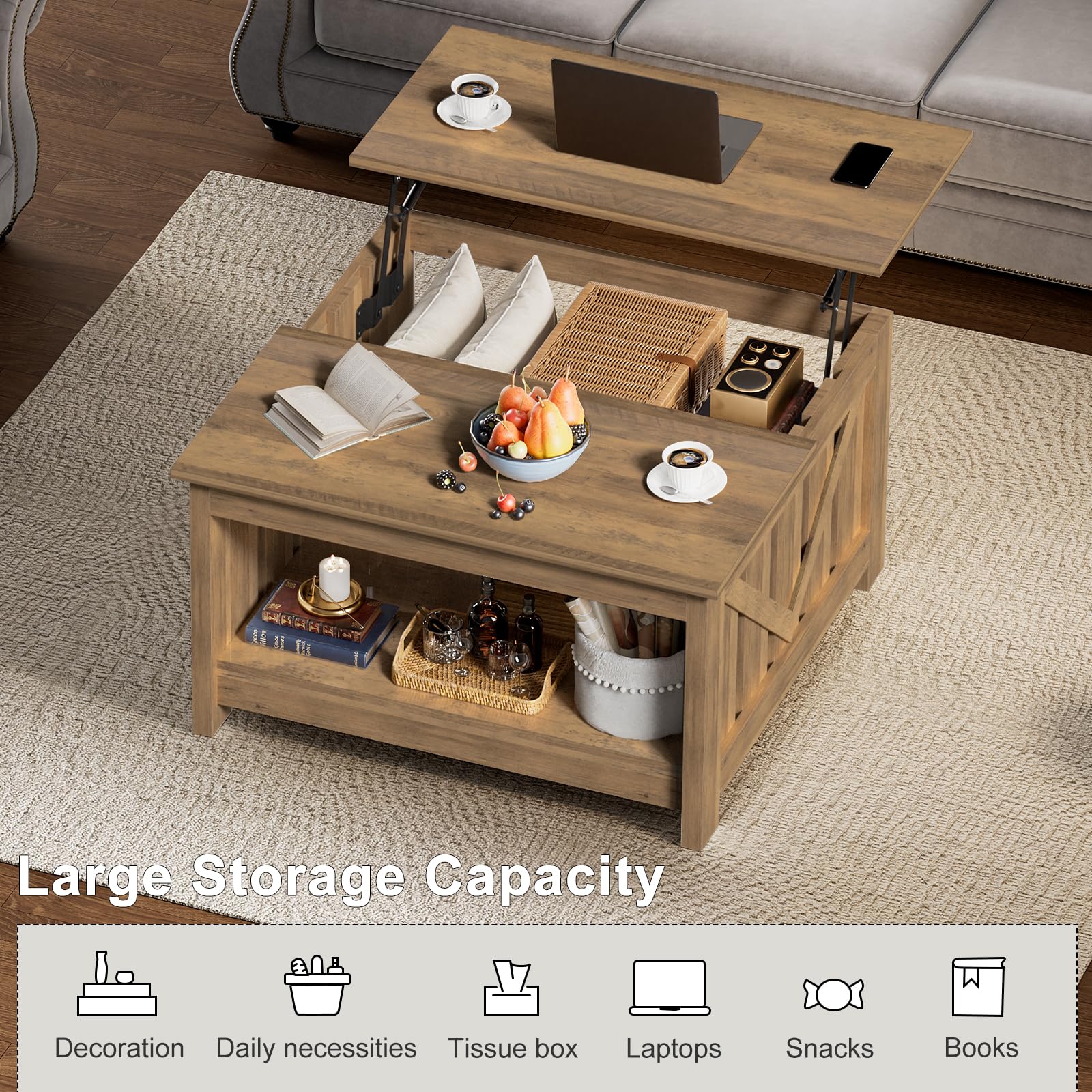 FABATO 31.5” Farmhouse Lift Top Coffee Table with Storage, Vintage Oak - product photo