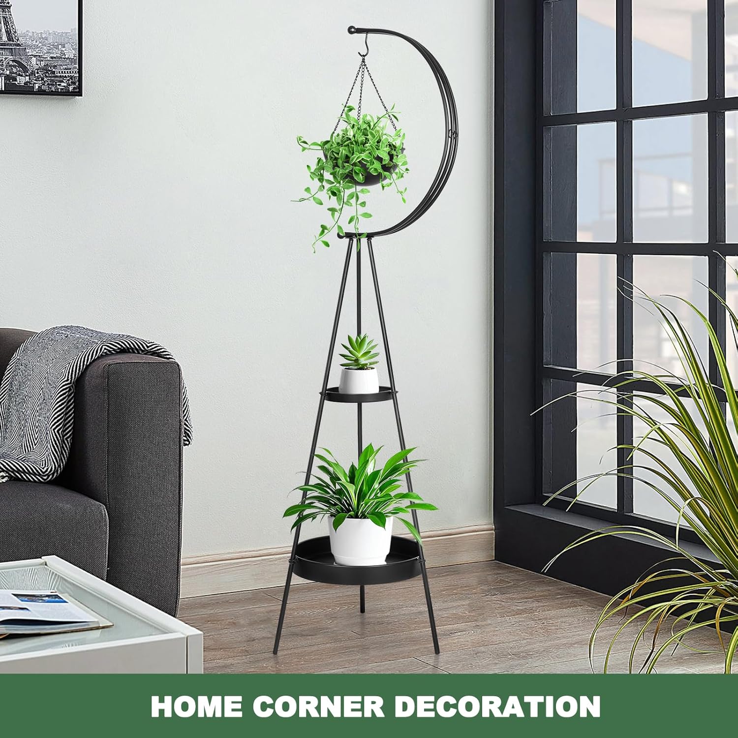 Airogym Plant Stand, Metal Plant Holder Indoor Outdoor, Modern Iron Flower Pots Rack, Multifunctional Planter Display Shelf with Hanging Planters for Garden Patio Room, Corner Balcony Decor (Black -2 Tier)