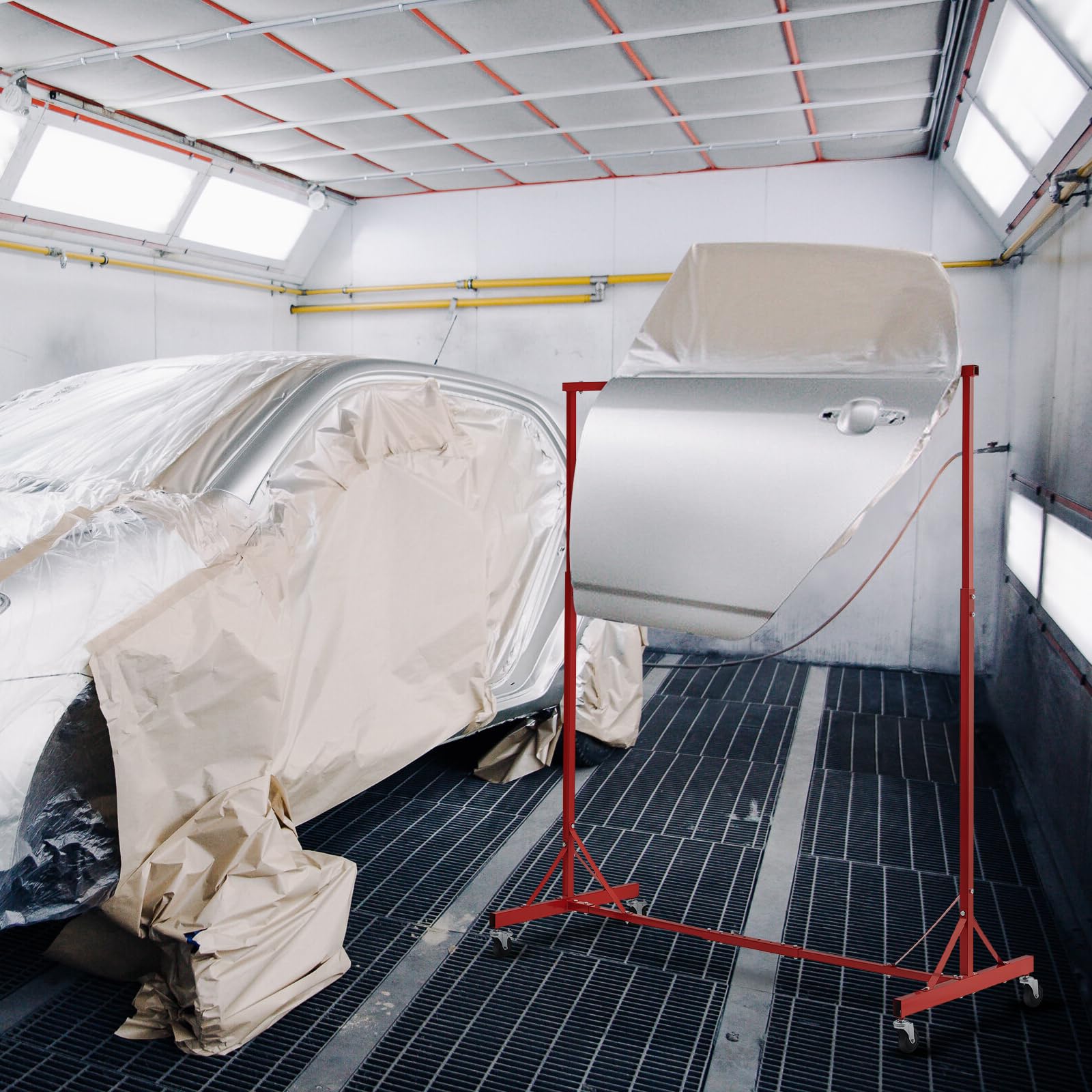 VEVOR Supporto per Verniciatura, Altezza Regolabile da 1,5 a 2,1 m Supporto per Carrozzeria per Auto con 8 Ganci, 4 Ruote Girevoli, Capacità di 30 kg per Officine di Riparazione Auto e Garage, Rosso