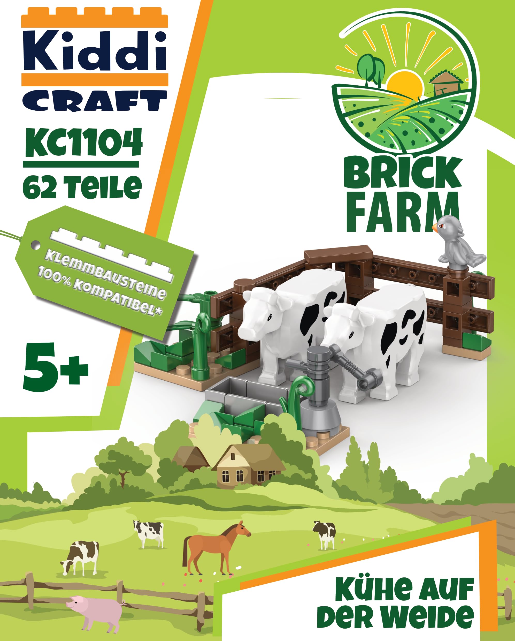 Kiddicraft KC1104 Mucche Al Pascolo: Set Costruzioni 62 Pezzi Con 2 Mucche E 1 Uccello