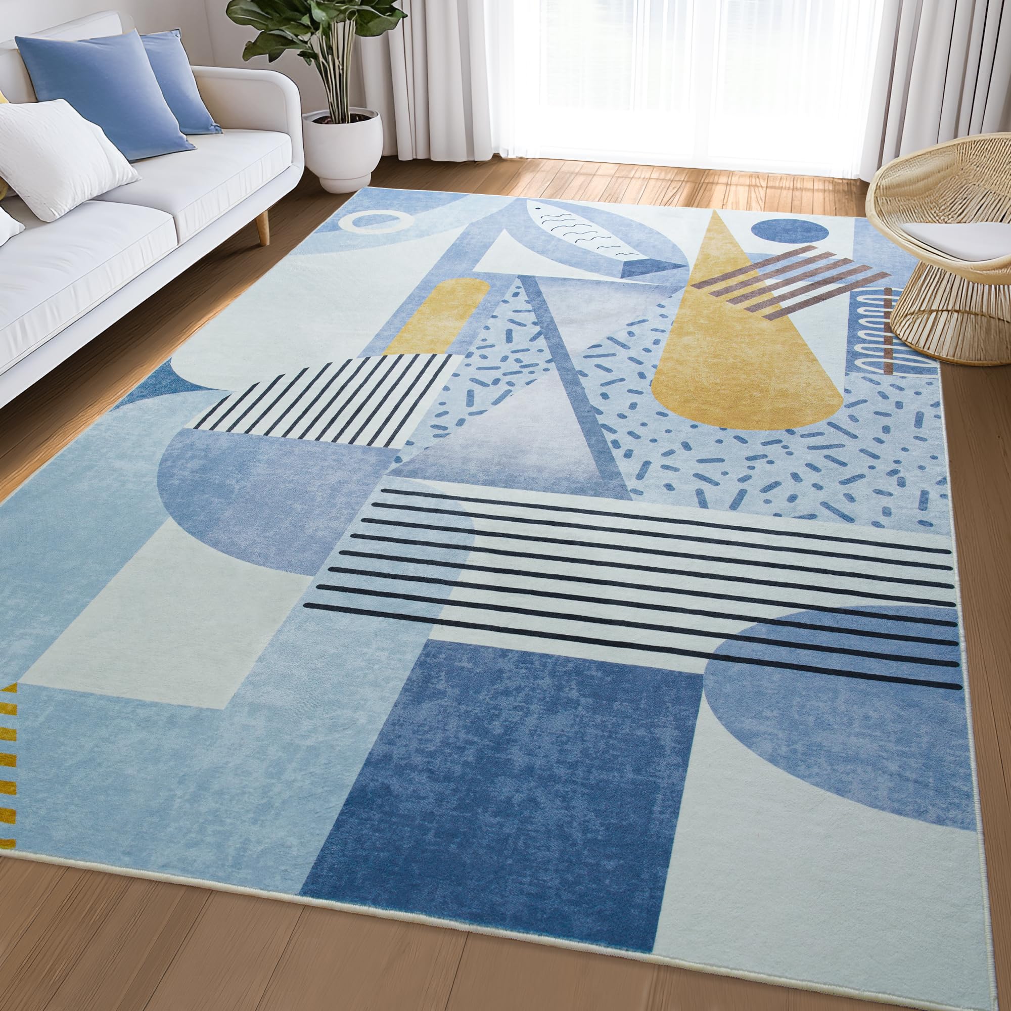 Tepook Blue Area Rug for Living Room, 5x7 Indoor Carpet for Bedroom Washable, Non-Slip Abstract Print Kids Rug for Nursery Playroom Classroom Dorm