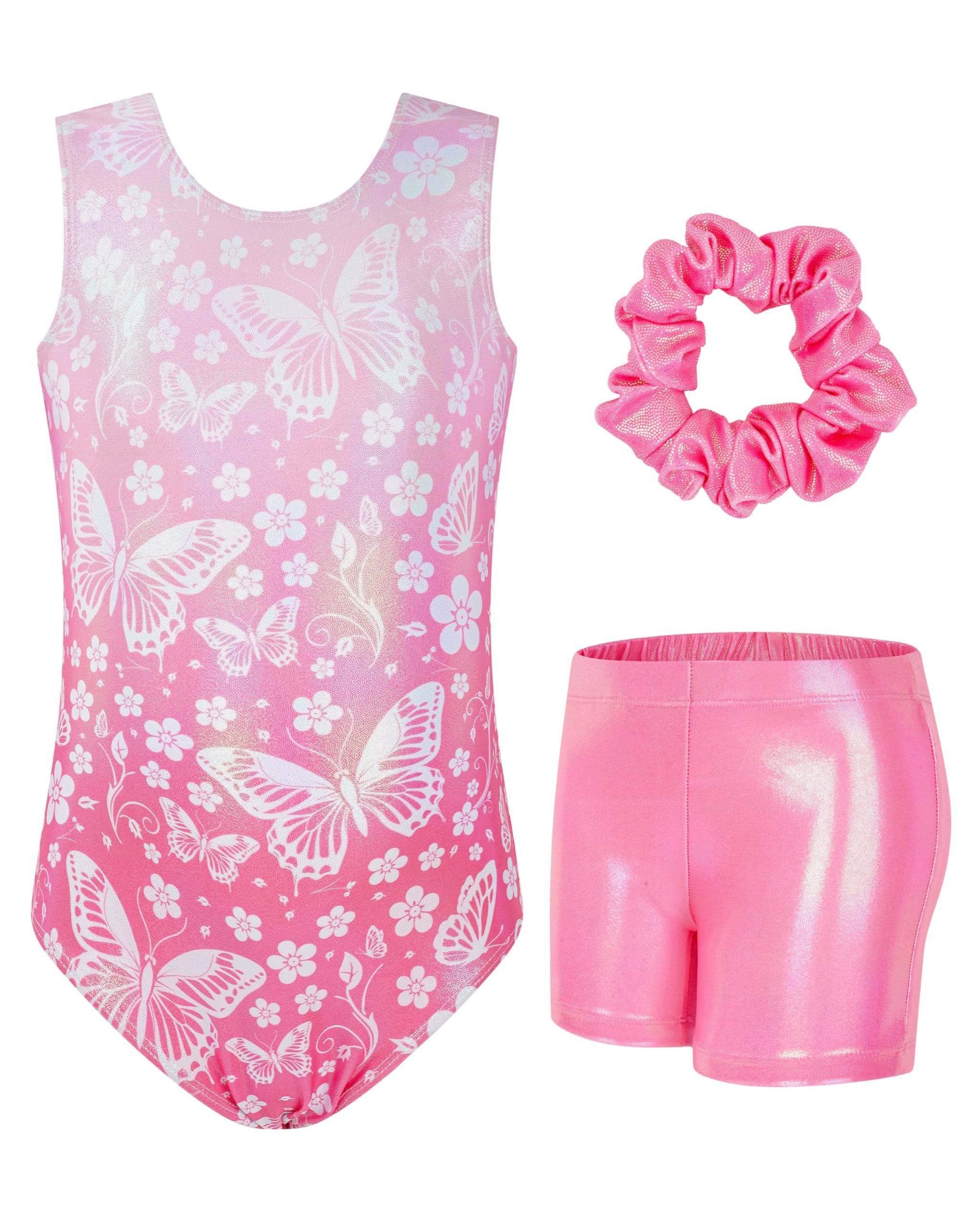 JiAmy Gymnastikanzug Mädchen, Turnanzug Kinder mit Hose Haarband Set, Glänzendes Gymnastik Turnanzug Leotard für 11-12 Jahre