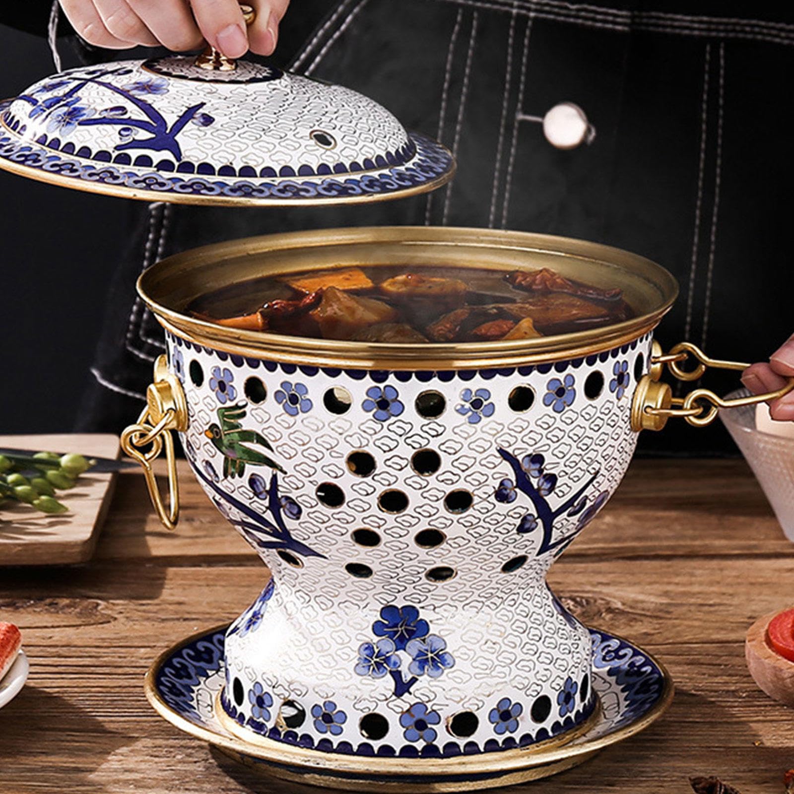 Fondue Chinoise Traditionnelle en Cuivre, Petite Marmite Cloisonnée en Émail Et Cuivre Pur, Idéale pour La Randonnée, Le Camping, Les Pique-Niques Et Les Fêtes.