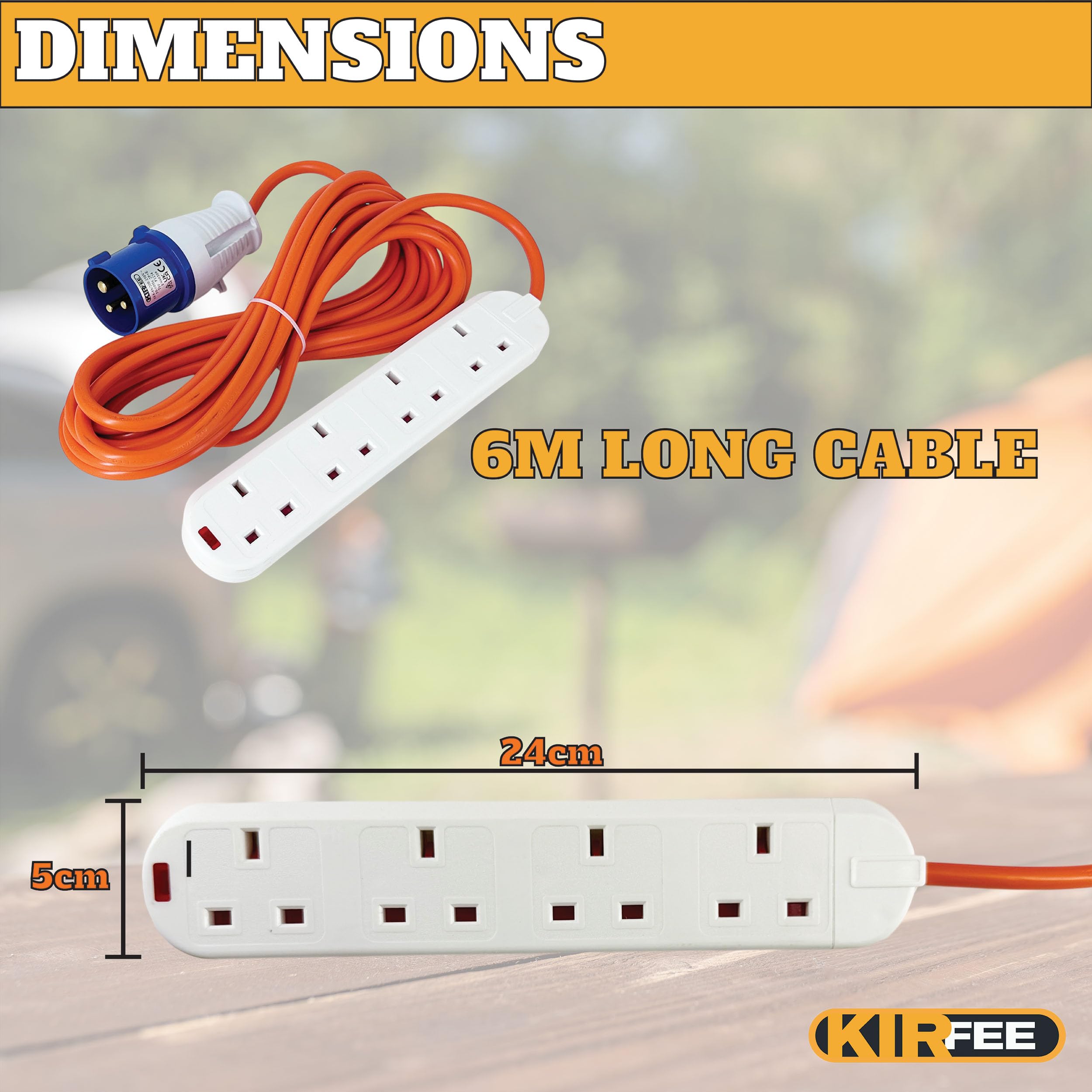 6M Camping Electric Hook Up Cable - 16amp to 13amp Adapter - 4 Gang Electric Hook Up For Camping - Heavy Duty Caravan Extension Lead, Ideal For Caravans, Generators, Motorhomes. — view 6