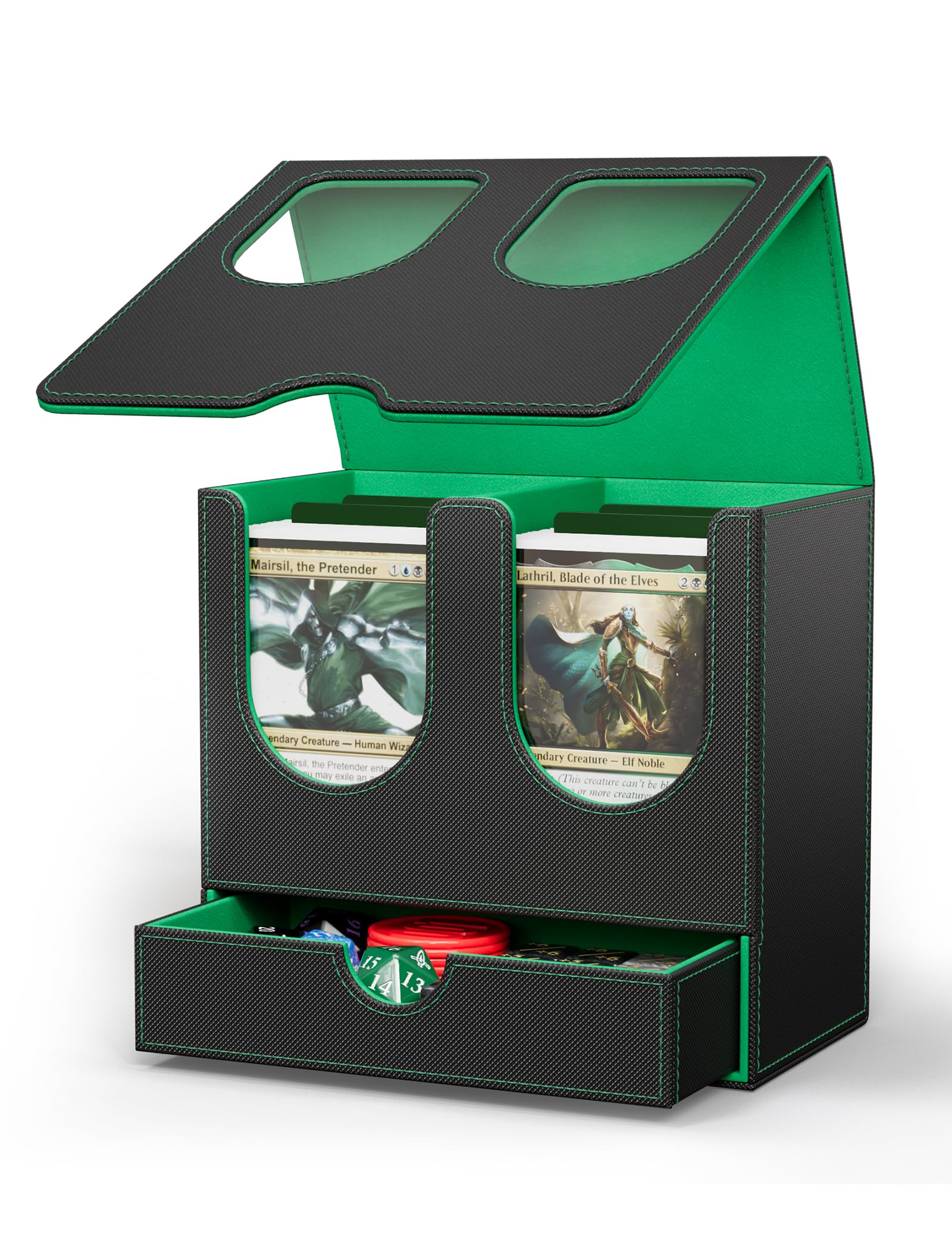 Card Deck Box with Dice Tray for MTG Commander Display(Black Green) | Magnetic Deck Box Fits 200 Double-Sleeved Cards, Double Card Box Compatible with Magic the Gathering TCG/PTCG/CCG B-Black&Green
