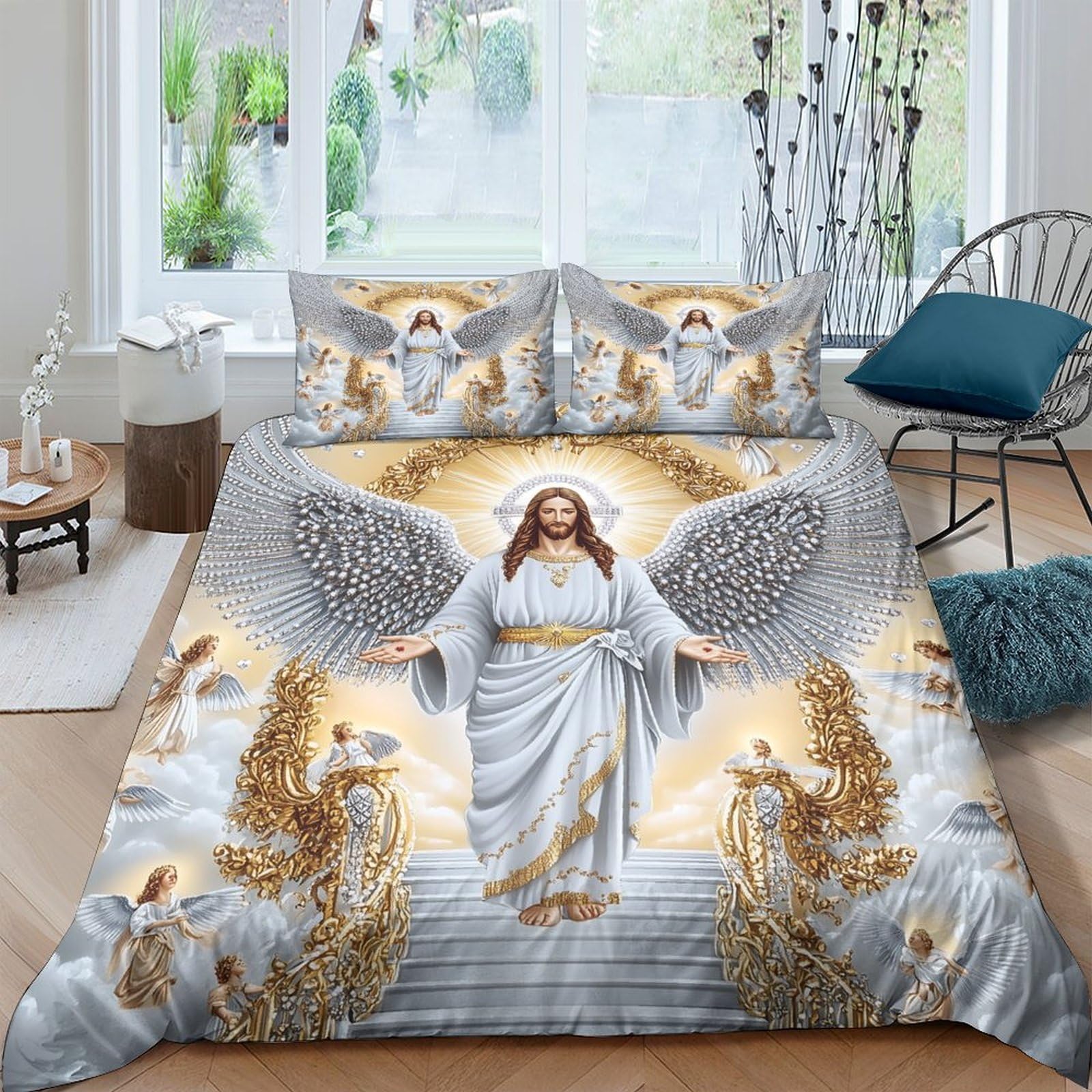 Ctjqhvkz Style-7 3D Printed Angel Heaven Fitted Sheet Microfiber Soft Breathable Golden Halo Mattress Cover Bedroom Decor Single（135X200cm）