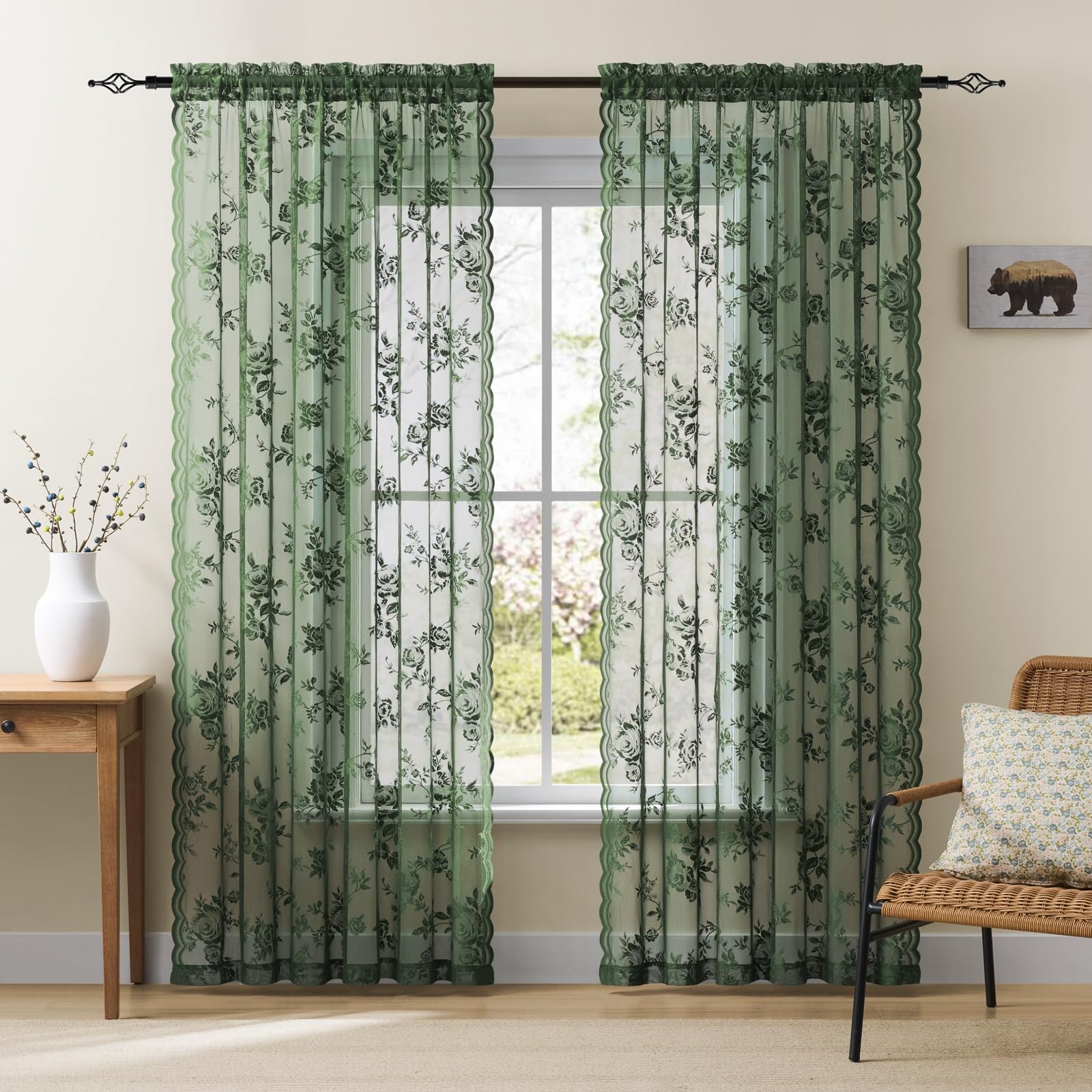 Photo 1 of Dark Green Lace Curtains 84 Inches Long Victorian Floral Sheer Curtains for Living Room Bedroom Botanical Embroidery Decor Drapes Rod Pocket Light Filtering French Window Curtain 2 Panels Set, 52x84