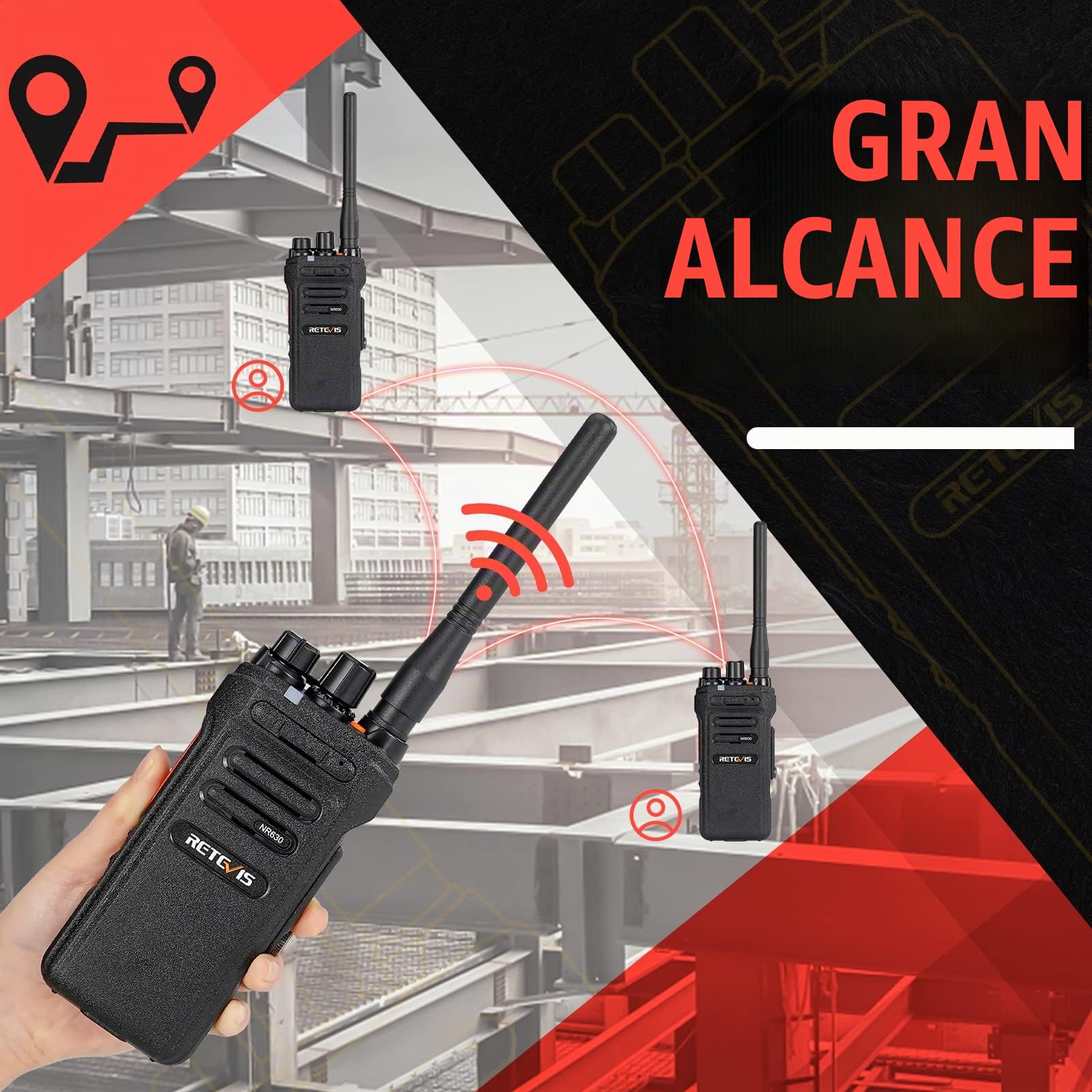 Retevis NR630 Walkie Talkie para Adultos, Walkies Largo Alcance, IP67 Impermeable, Cancelación de Ruido, Llamada de Grupo, 2800 mAh Recargable Walkie Talkie para Obra, Contratista (Negro, 3 Unidad)