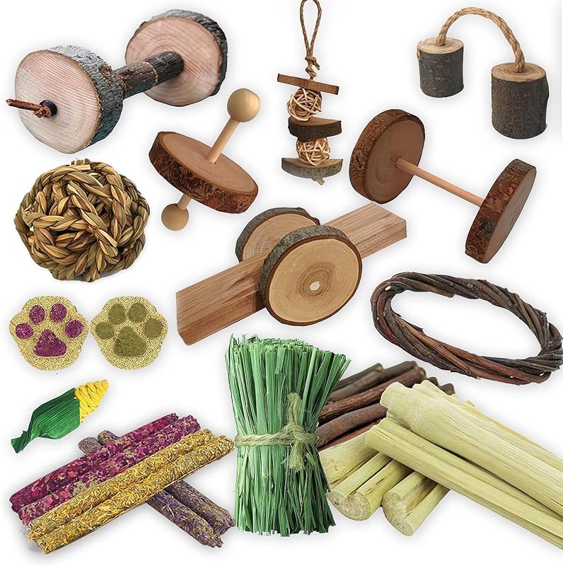 Brinquedos de madeira para pequenos animais com variedade para roer Dbeans Flourithing, pacote com 10