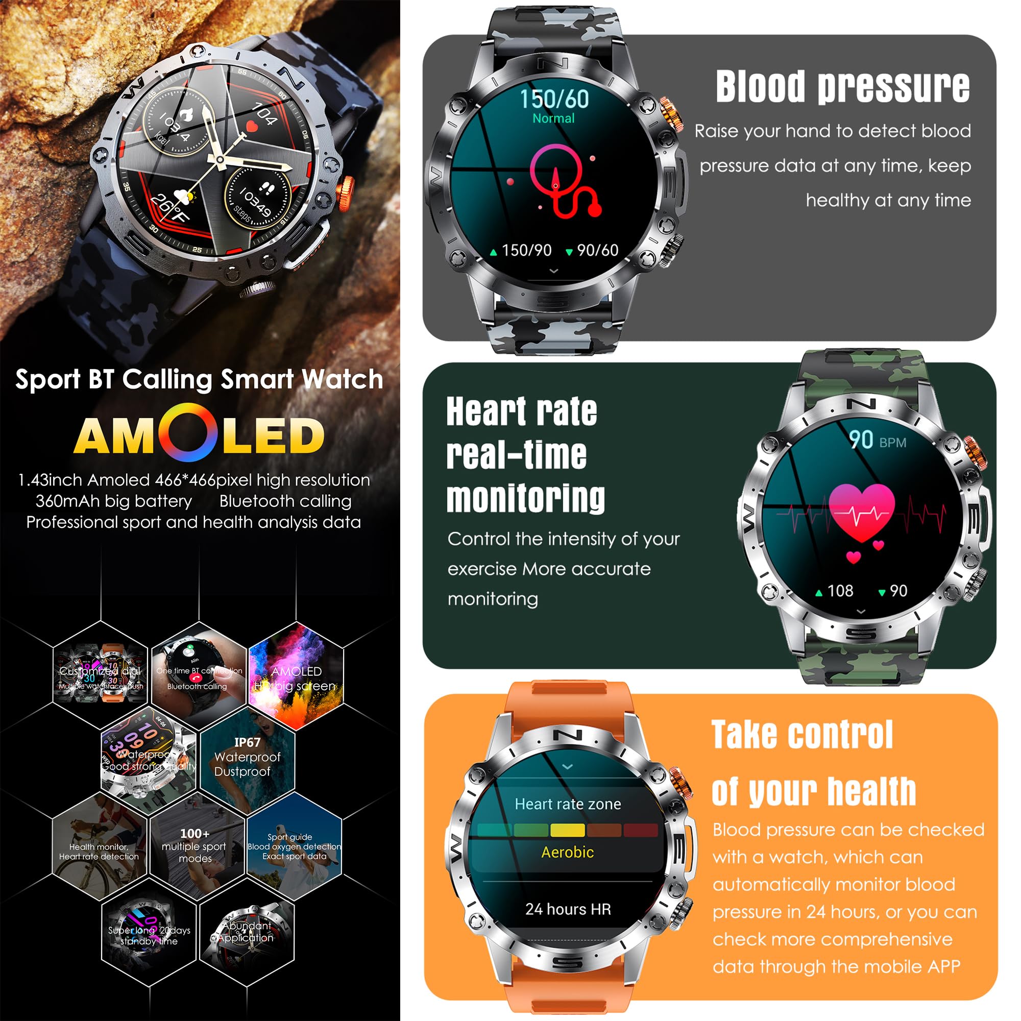 Smartwatch Męski, Inteligentny Zegarek Który Może Wykonywać i Odbierać Połączenia, 1,43” AMOLED Fitness Tracker 123 Sportowych Wodoodpornością Asystent Głosowy AI dla telefonów z Android iOS (czarny)
