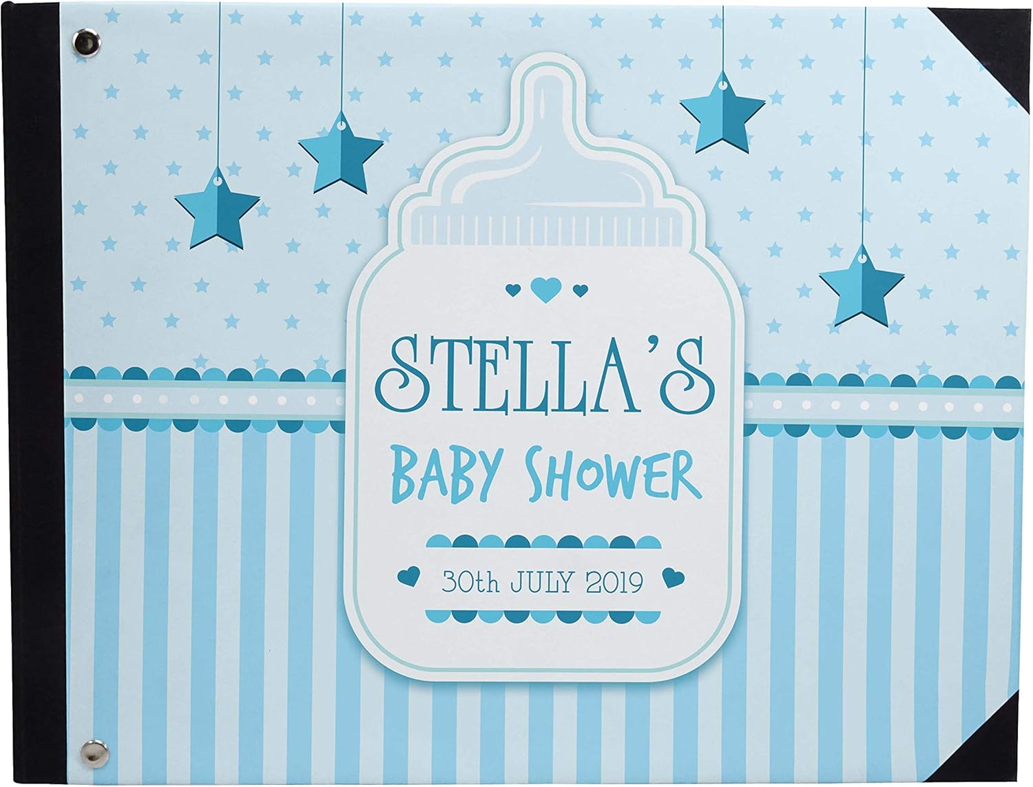 Darling Souvenir Blue Stripe, Star & Frame Hardbound Cover Personalized Printed Baby ShowerGuestbookScrapbook-9 x 12 Inches