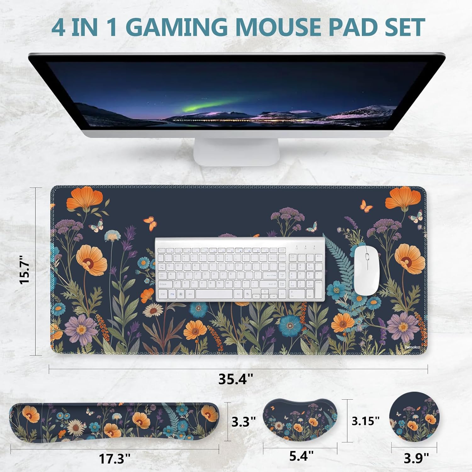DINKY Desk Mat Keyboard Mouse Pad Set, Large Gaming Mouse Pad +Keyboard Wrist Rest +Mousepad with Wrist Rest +Coaster, Ergonomic Non-Slip 4 in 1 Combo, Flowers Plants Butterflies