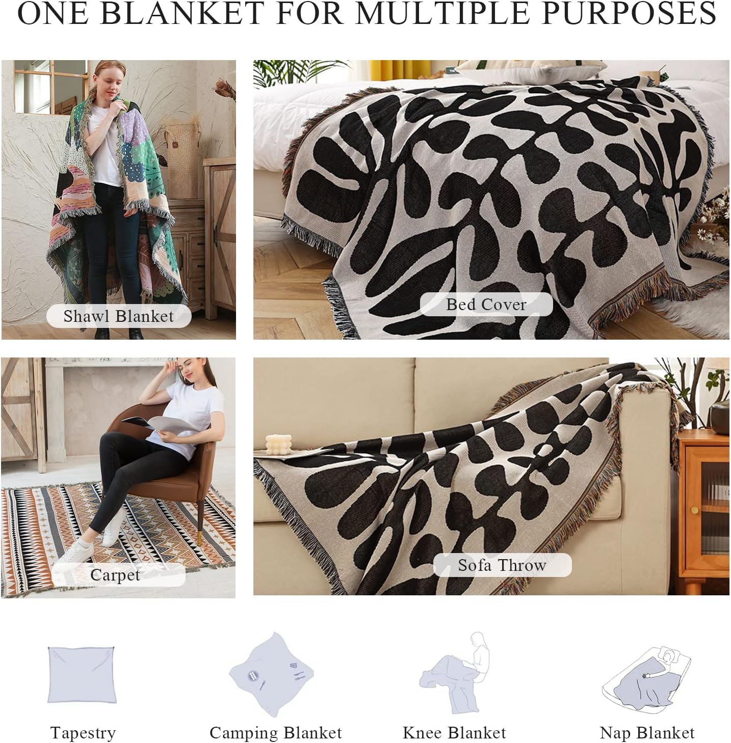 Double-Sided Cotton Woven Throw Blanket with Tassel Jungle Bohemian Style Tapestry Shawl Multi-Function Decorative Throws for Sofa Bed Armchair Camping Blanket Tablecloth Carpet 160x130cm