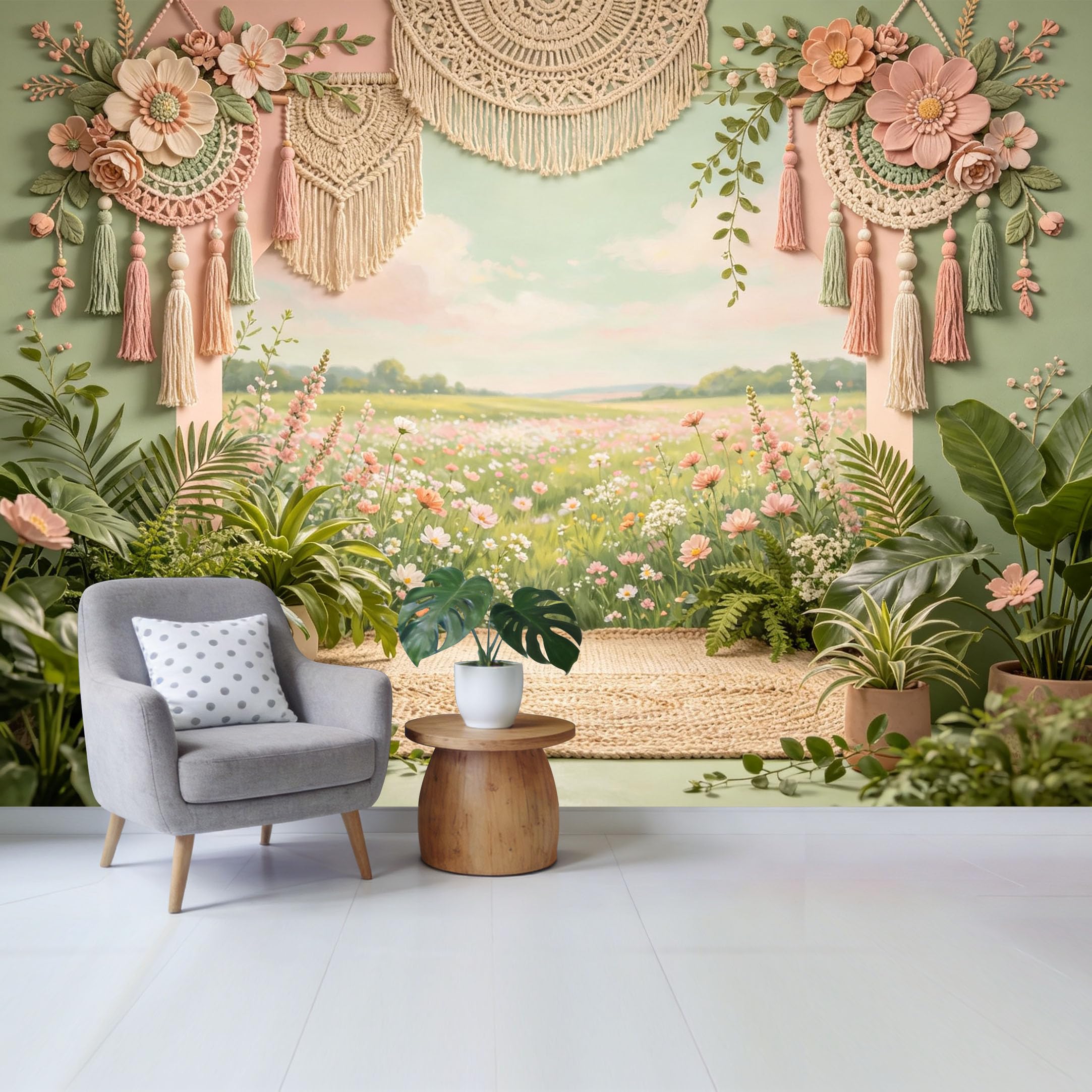 Qzlithotic Yq2605251163 Custom Size Wall Mural Bohemian Macrame Hanging Flower Field Landscape Botanical Pastel Aesthetic Selfadhesive Wall Fabric Removable Wallpaper For Home Office Decor