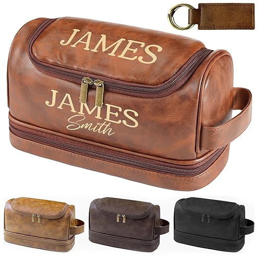 Sparklove Personalized Leather Toiletry Bag for Men, Custom Christmas Men Gifts, Engraved Travel Bag, Shaving bag Birthday Gifts for Dad Husband Groomsmen Son Father's Day Anniversay